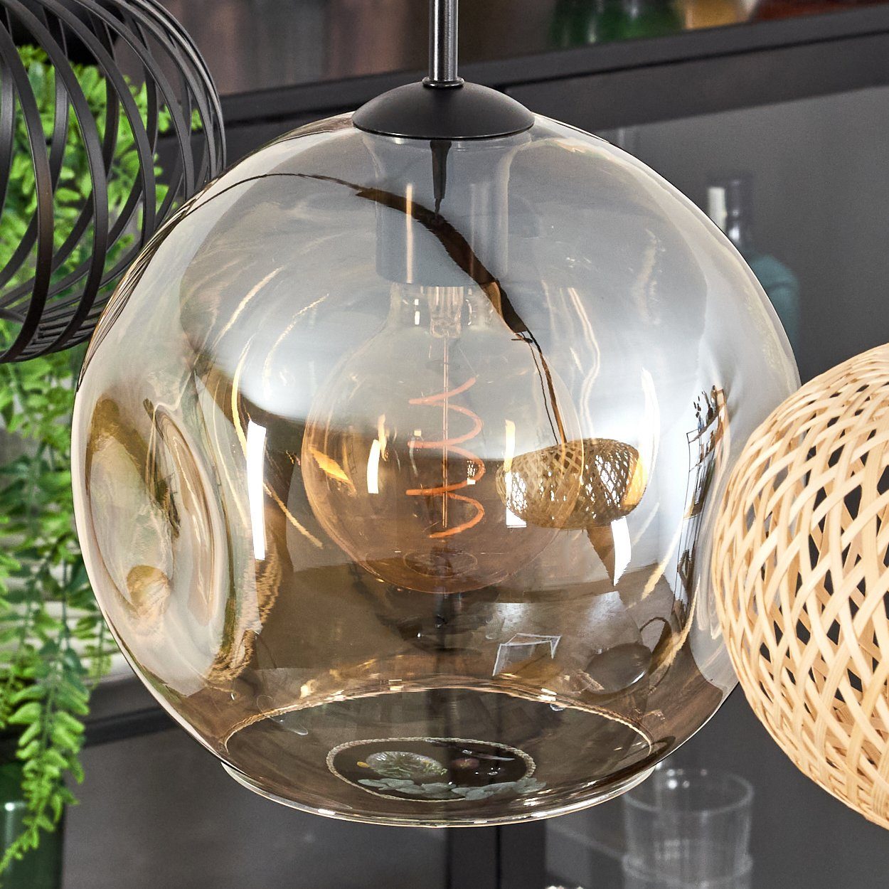 hofstein Hängeleuchte Hängelampe aus Metall/Glas in Schwarz/Chromfarben, ohne Leuchtmittel, Leuchte mit Glasschirmen(30cm),max. 154cm, 4 x E27, ohne Leuchtmittel