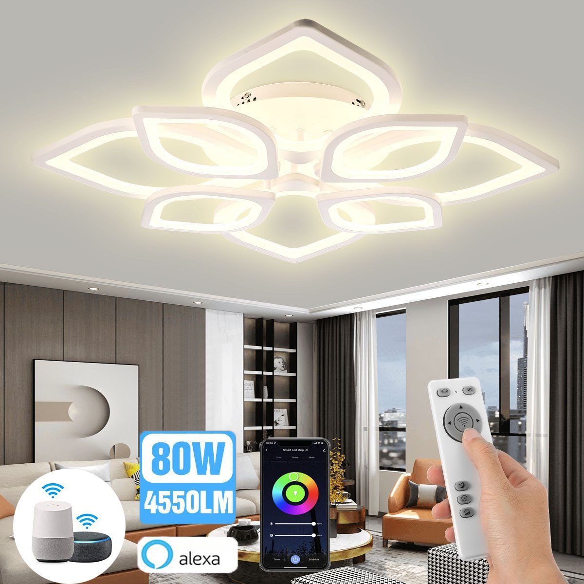 LETGOSPT Deckenleuchte Modern LED Deckenleuchte 80W Dimmbar mit APP und WIFI-steuerung 4550LM, LED Deckenleuchte für Alexa und Google-Assistant, für Wohnzimmer, Küche