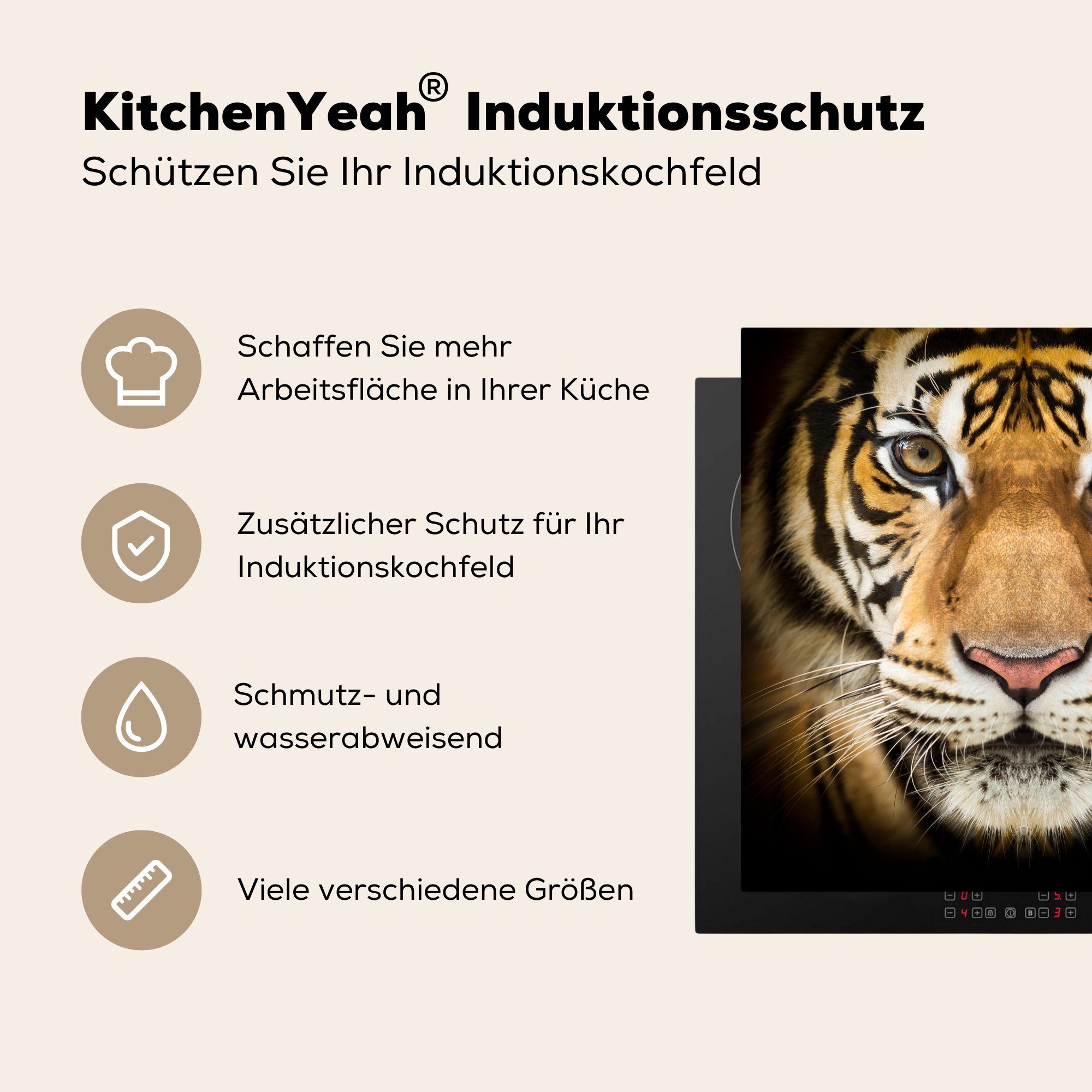 küche (1 Herdblende-/Abdeckplatte Porträt, - MuchoWow - tlg), Tier 78x78 Tiger für Vinyl, cm, Arbeitsplatte Ceranfeldabdeckung,