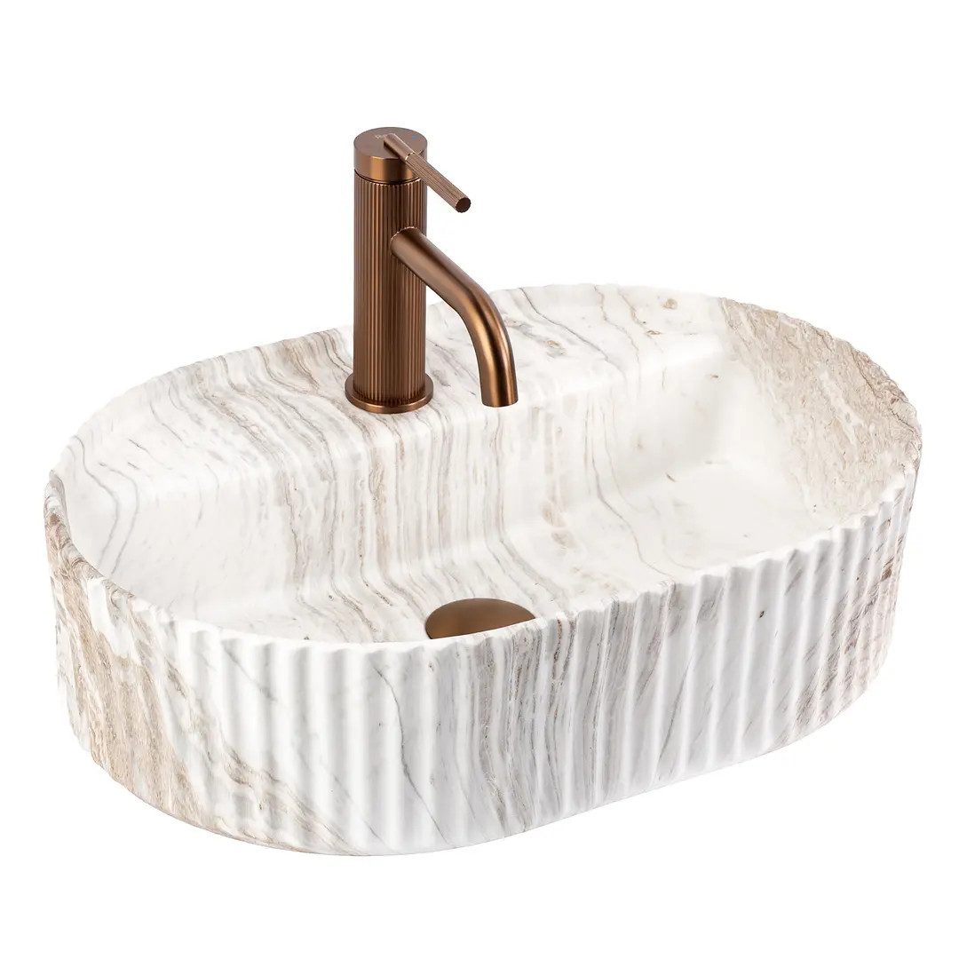 wohnwerk.idee Aufsatzwaschbecken Waschbecken oval geriffelt Keramik Design Waschtisch 50/60 cm