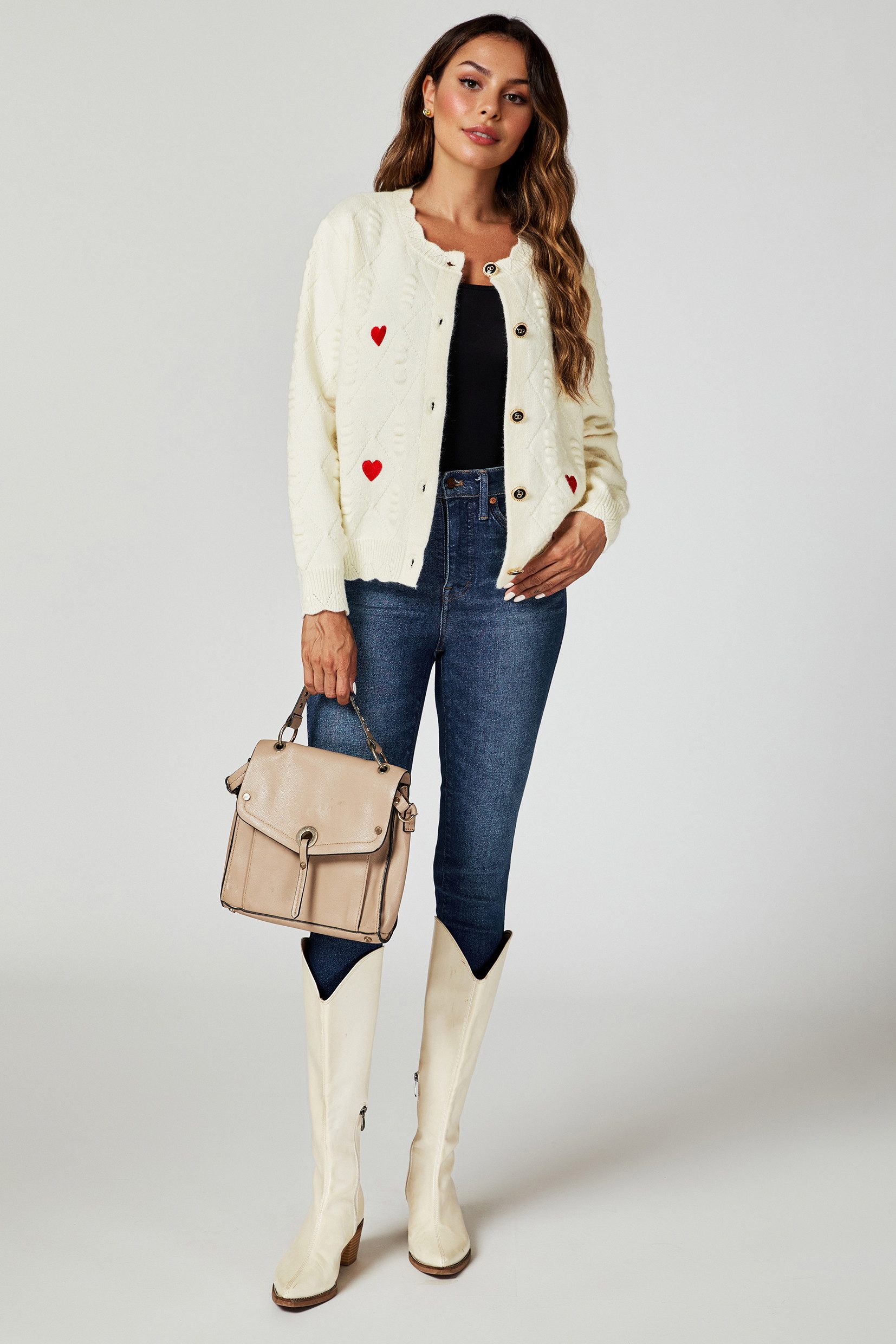 FS Collection Strickjacke Damen Cardigan Strickjacke mit Stickerei – Sterne oder Herzen (Einheitsgröße (UK 8–16 / EU 36–44) 56 % Viskose, 26 % Polyester und 18  – Bild 4 von 5