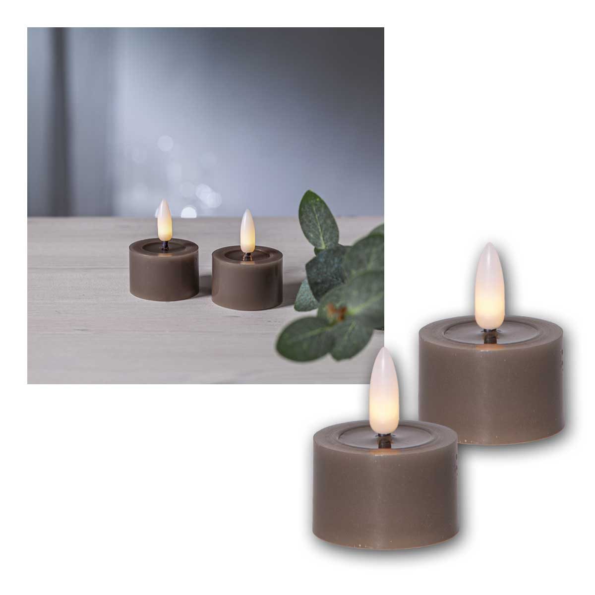 STAR TRADING LED-Kerze LED Teelicht FLAMME FLOW M taupe Timer 2er Set