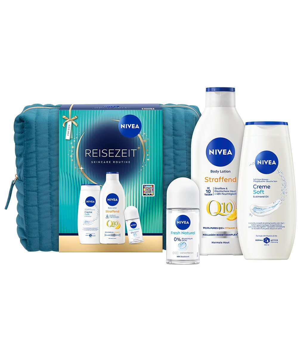 Nivea Pflege-Geschenkset Reisezeit 2026 Duschcreme Lotion Deo Roll-On Kulturtasche Set, 4-tlg.