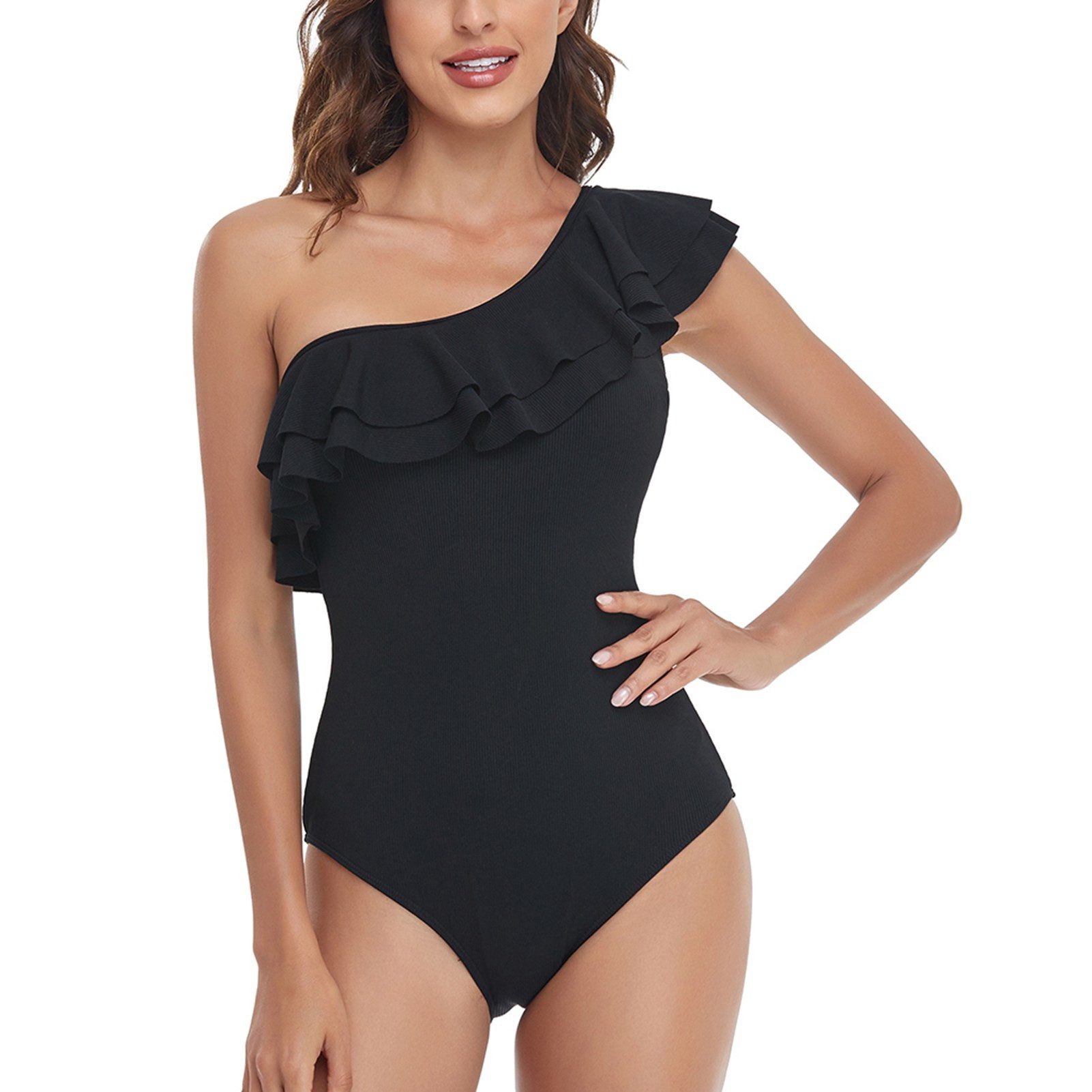 GARRYFIZH Badeanzug Damen Badeanzug One-Shoulder Rüschen Figurformend Schwa günstig online kaufen