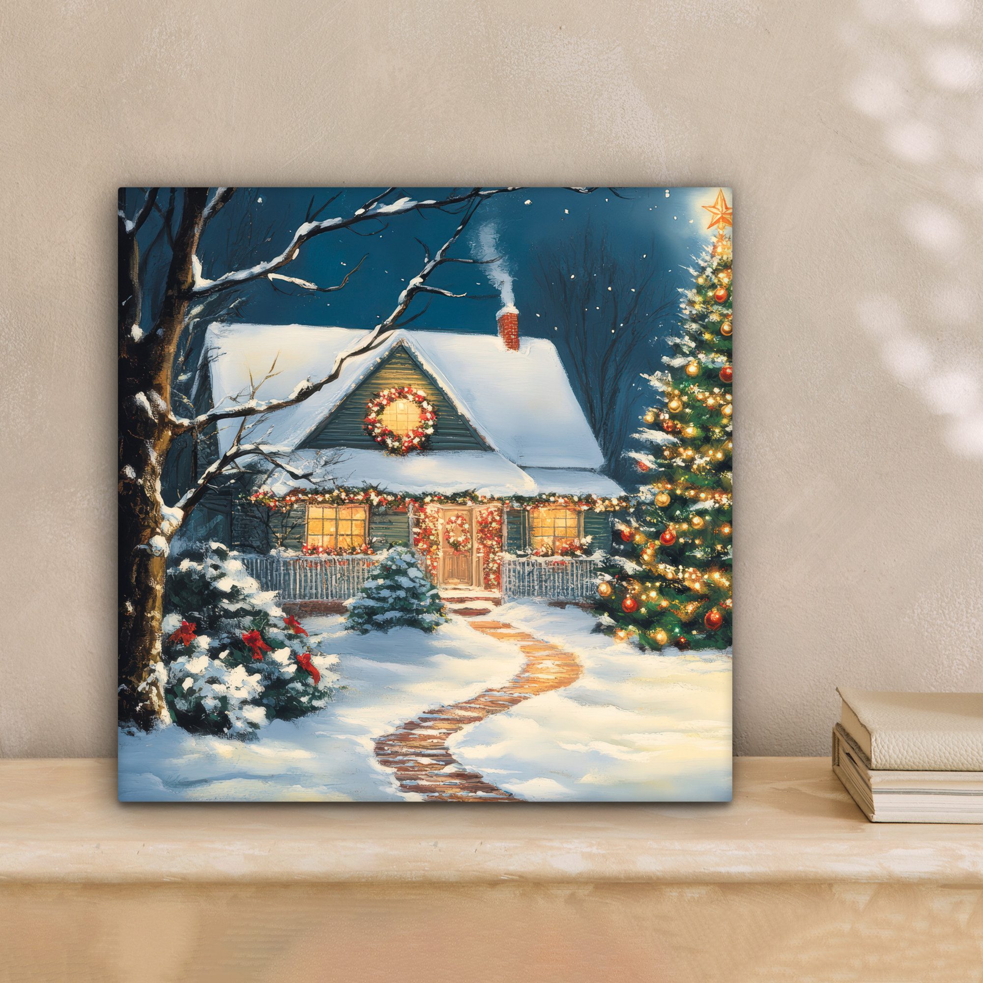 OneMillionCanvasses® Leinwandbild Weihnachten - Weihnachtsbaum - Winter - Zuhause - Schnee, Fotodruck (1 St), Wandbild, Deko Schlafzimmer Wohnzimmer Flur 20x20 cm