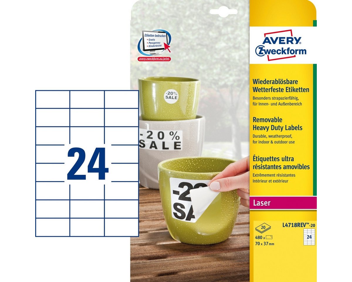 Thumbnail - Avery Zweckform Etiketten Etiketten wetterfest Polyester wiederablösbar weiß 70x37mm VE=480 Eti.