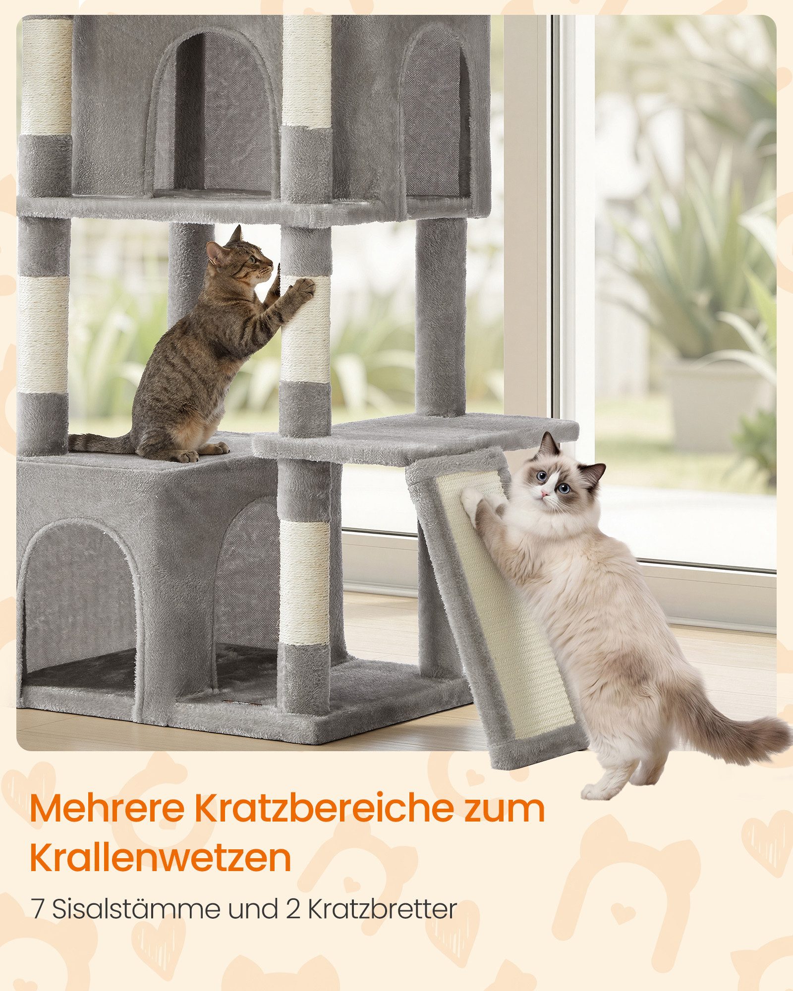 FEANDREA Kratzbaum Großer Katzenbaum mit Sisalstämmen, Mehrstöckiger Kletterbaum, mit Kratzbrett, Katzenturm für Mehrere Katzen, 55 x 45 x 185 cm