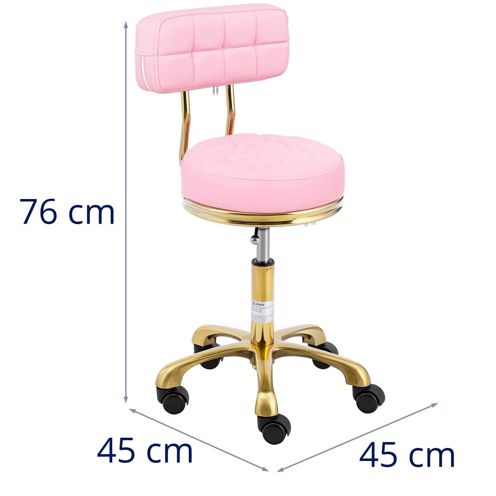 Physa Drehstuhl Rollhocker mit Lehne Friseurhocker 51 - 66 cm 150 kg Zartrosa & Golden, Zartrosa, Golden – Bild 5 von 5