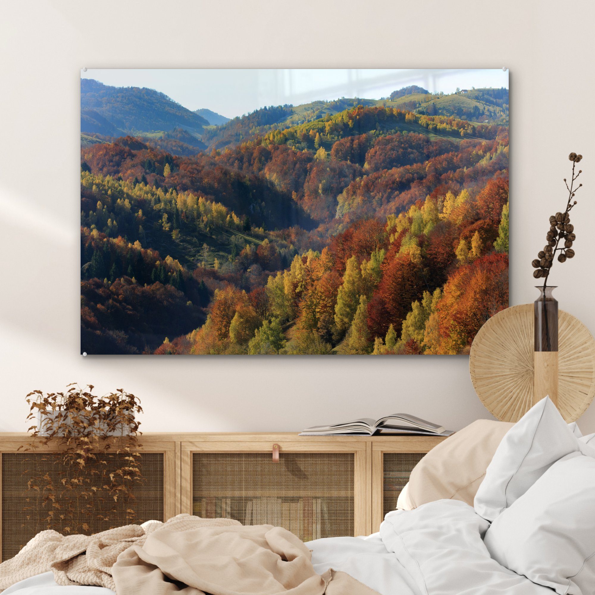 (1 St), Acrylglasbilder im Acrylglasbild Landschaft Nationalpark Herbstliche mit Wohnzimmer Piatra, MuchoWow & Schlafzimmer Wäldern Bergen und