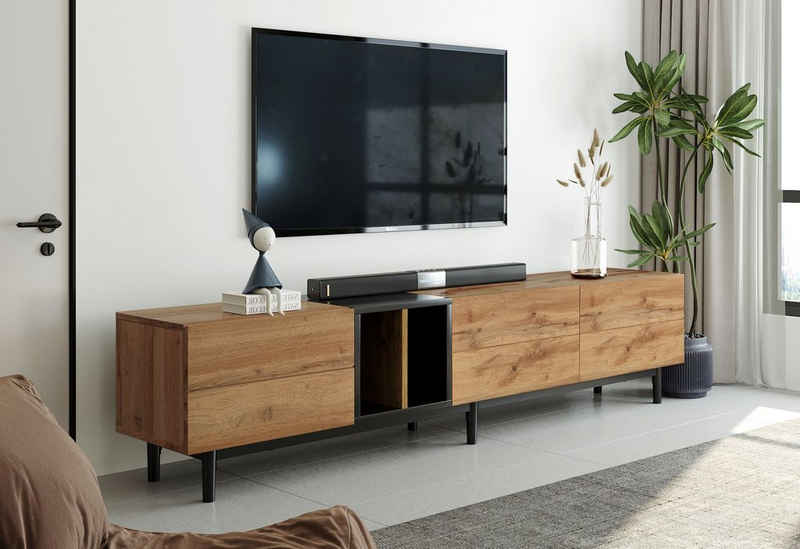 LBF Lowboard »Wildeiche Stehend TV-Schrank Fernsehtisch Breite 195 cm«, zweifarben Design mit Regale und 3 Türen vintage