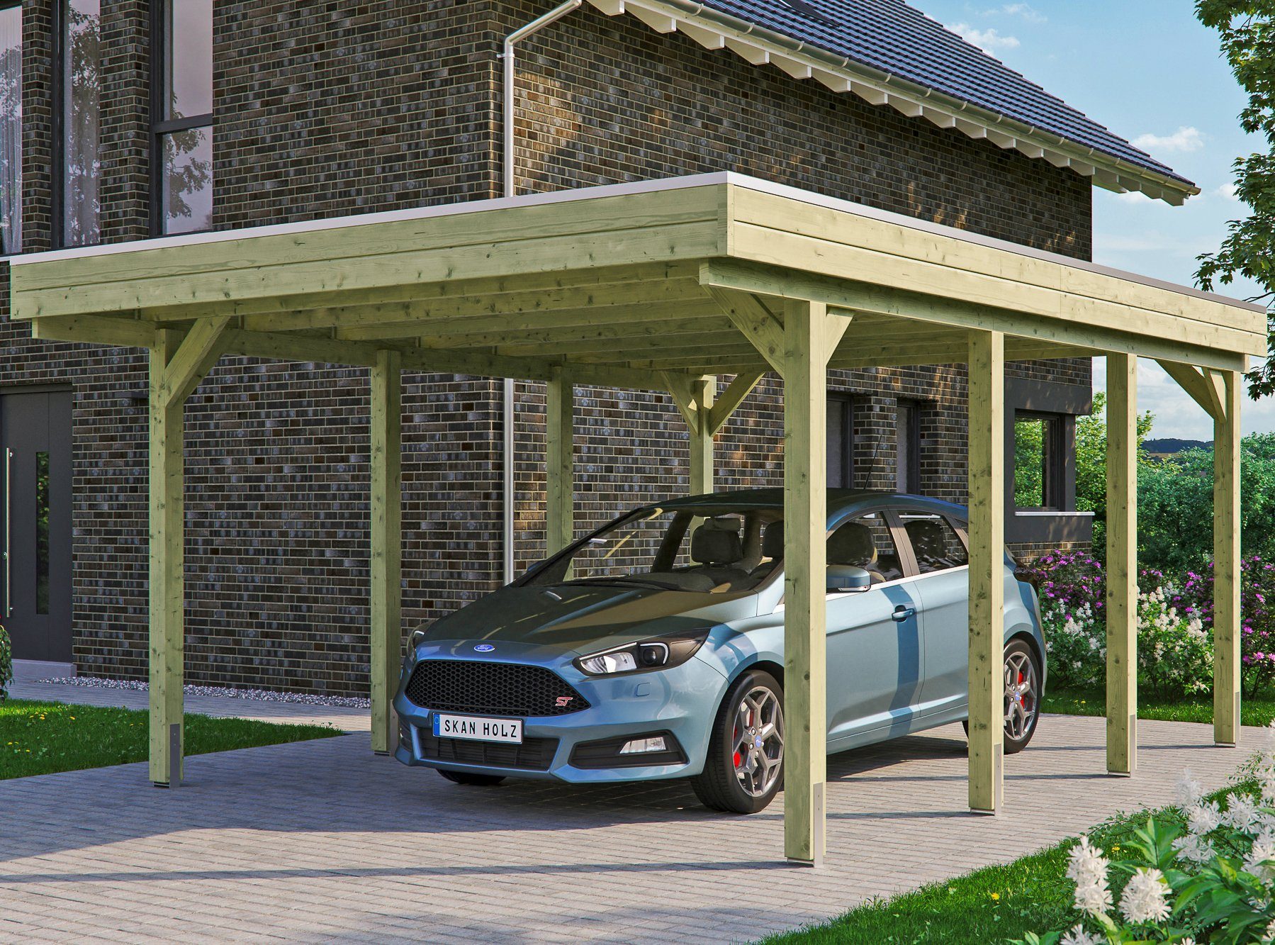 Skanholz Einzelcarport Friesland, BxT: 397x555 cm, 221 cm Einfahrtshöhe,  Flachdach-Carport, Dachschalung mit EPDM-Folie