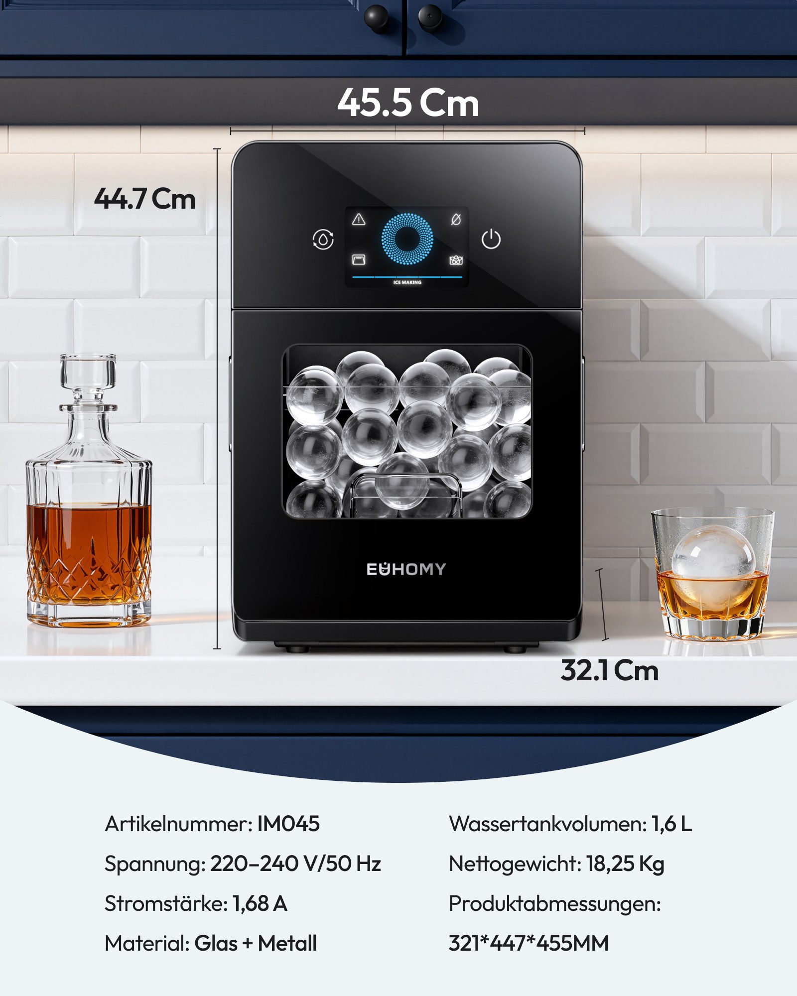 EUHOMY Eiswürfelmaschine Eiswürfelmaschine für Eiskugeln selbstreinigend 108 Kugeln/Tag, Selbstreinigende, für kristallklares Eis für Whiskey & Bourbon