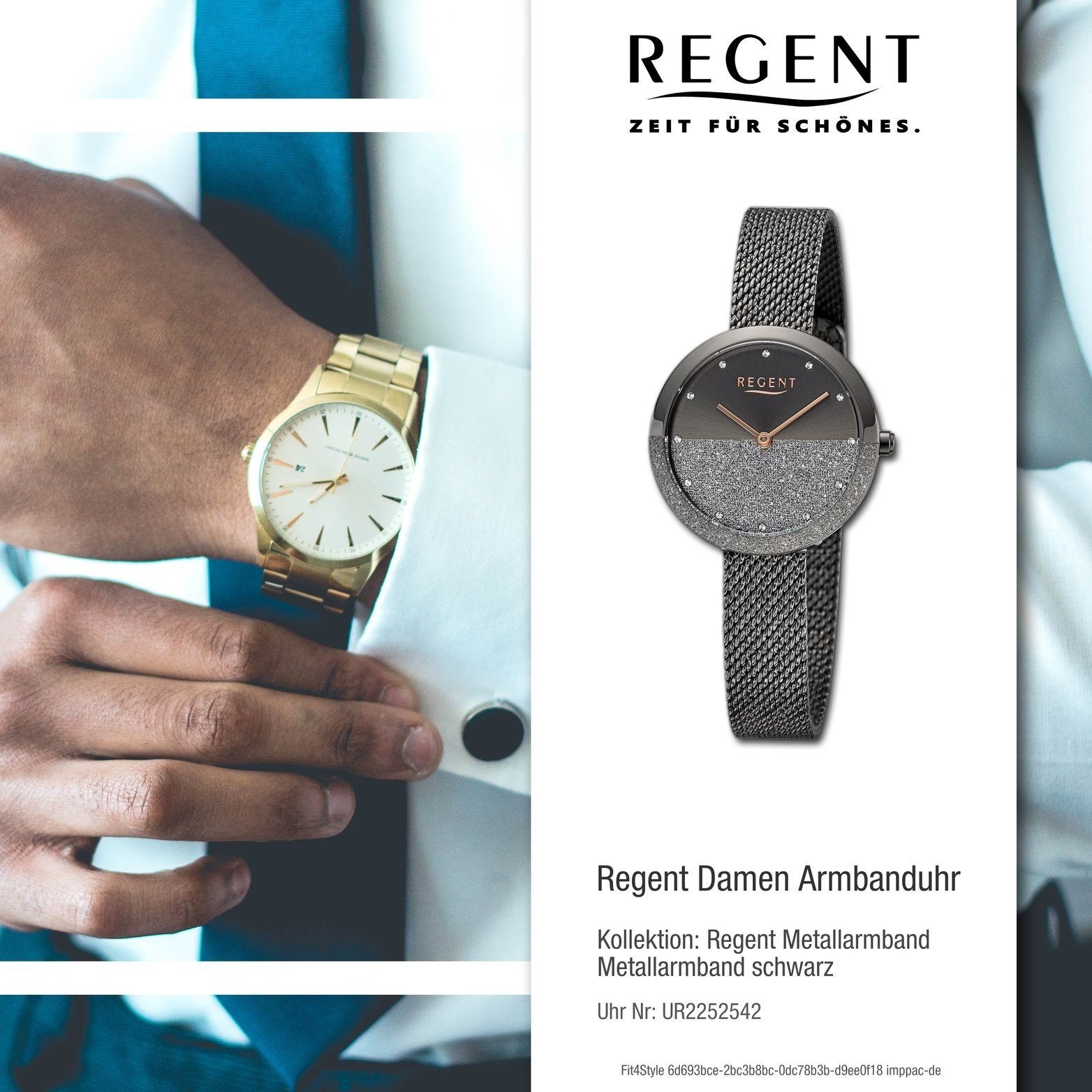 Analog, Quarzuhr Regent 32mm) Damenuhr Gehäuse, extra schwarz, Regent Metallarmband groß Armbanduhr (ca. Damen rundes