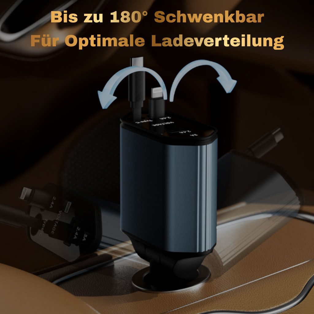 Alpha Electronics 120W Zigarettenanzünder USB C Schnell Ladegerät KFZ-Adapter Typ C zu USB Typ A, Lightning, 80 cm, Breite Kompatibilität, 2 Ausziehbare Kabel