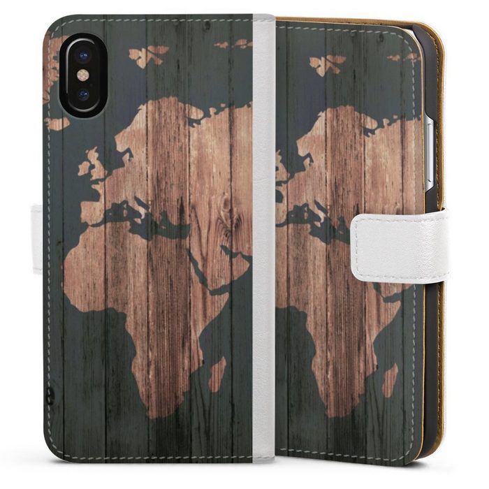 DeinDesign Handyhülle Landkarte Holzoptik Weltkarte Wooden World Map Apple iPhone Xs Hülle Handy Flip Case Wallet Cover Handytasche Leder ZN11677