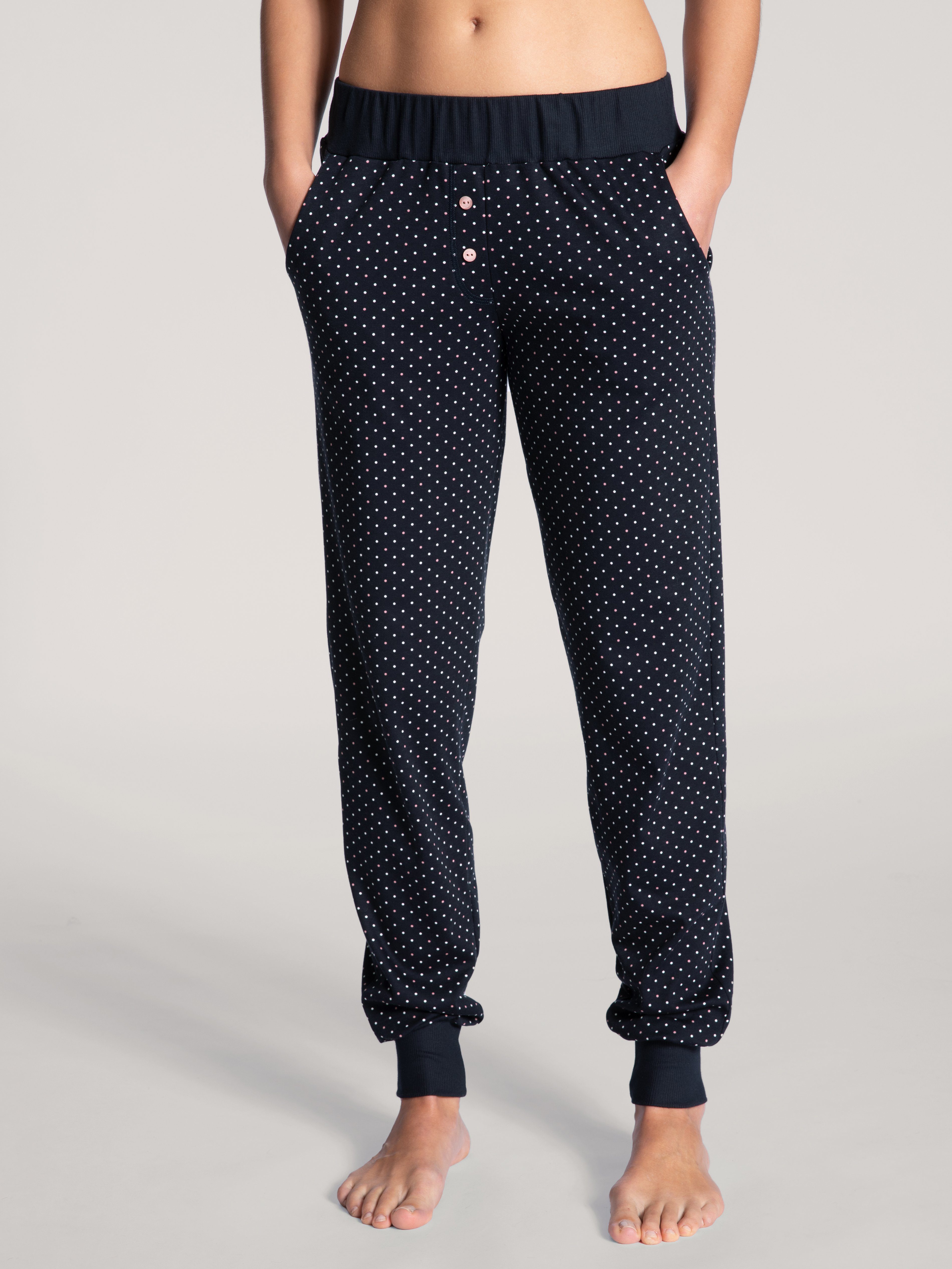 CALIDA blue Pants lapis Loungehose Dreams Interlock-Qualität Bündchen, dark gepunktet, mit Favourites