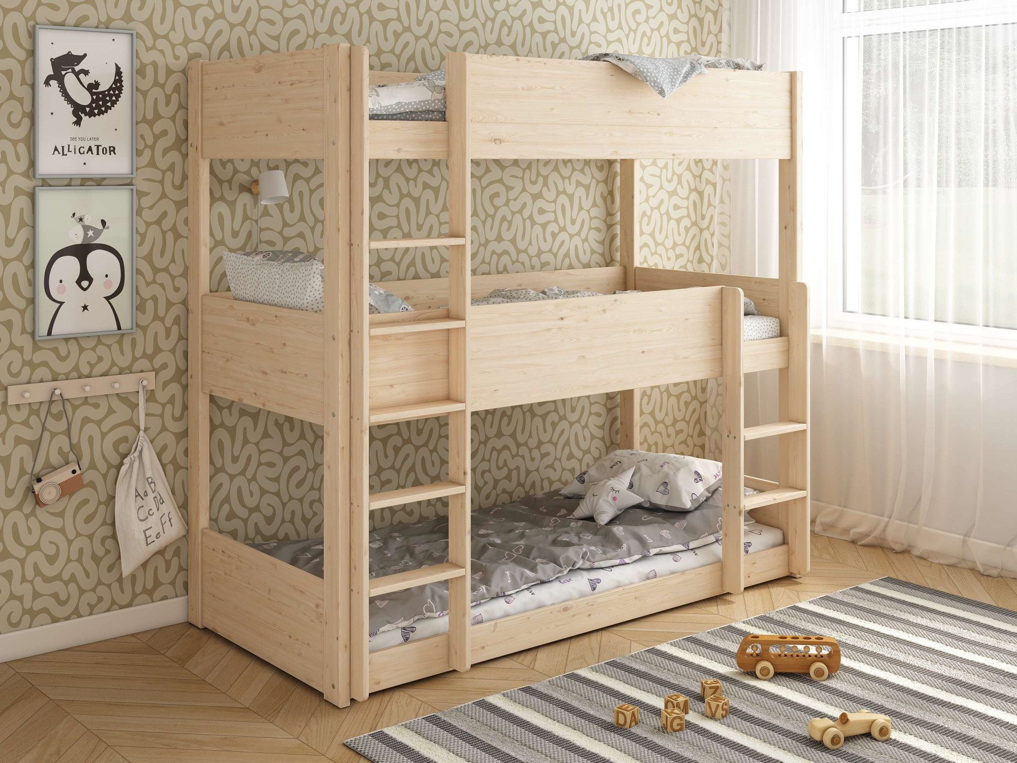 OTTO home Etagenbett TIPO, Stockbett, Hochbett, Bodenbett, platzsparend (Leitern beidseitig montierbar), mit 3 Schlafplätzen, FSC® zertifiziertes Massivholz (Kiefer)