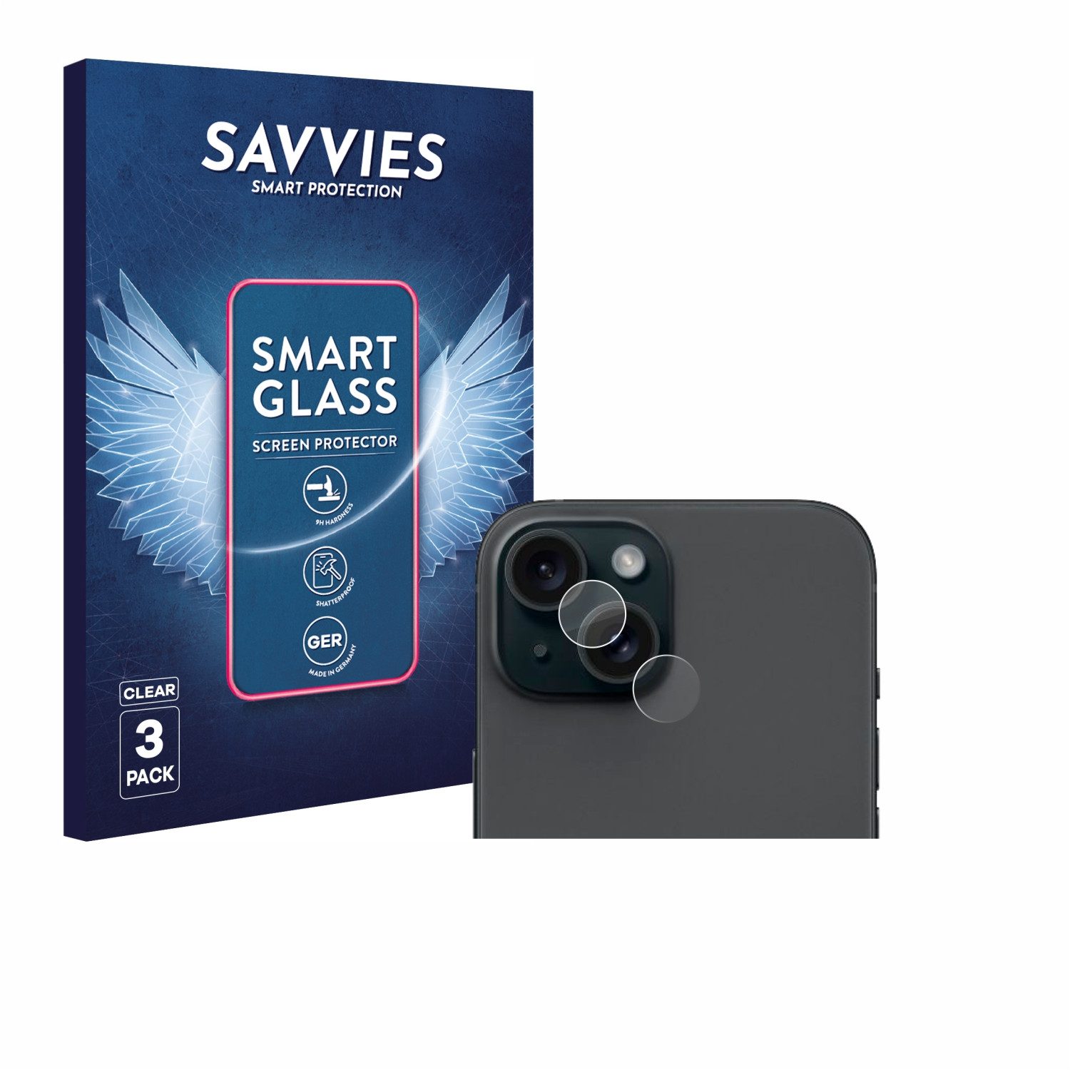 Savvies Displayschutzglas Schutzglas Panzer für Apple iPhone 15 (NUR Kameraschutz), 3 Stück, Schutzfolie Display Schutz Glas Folie klar