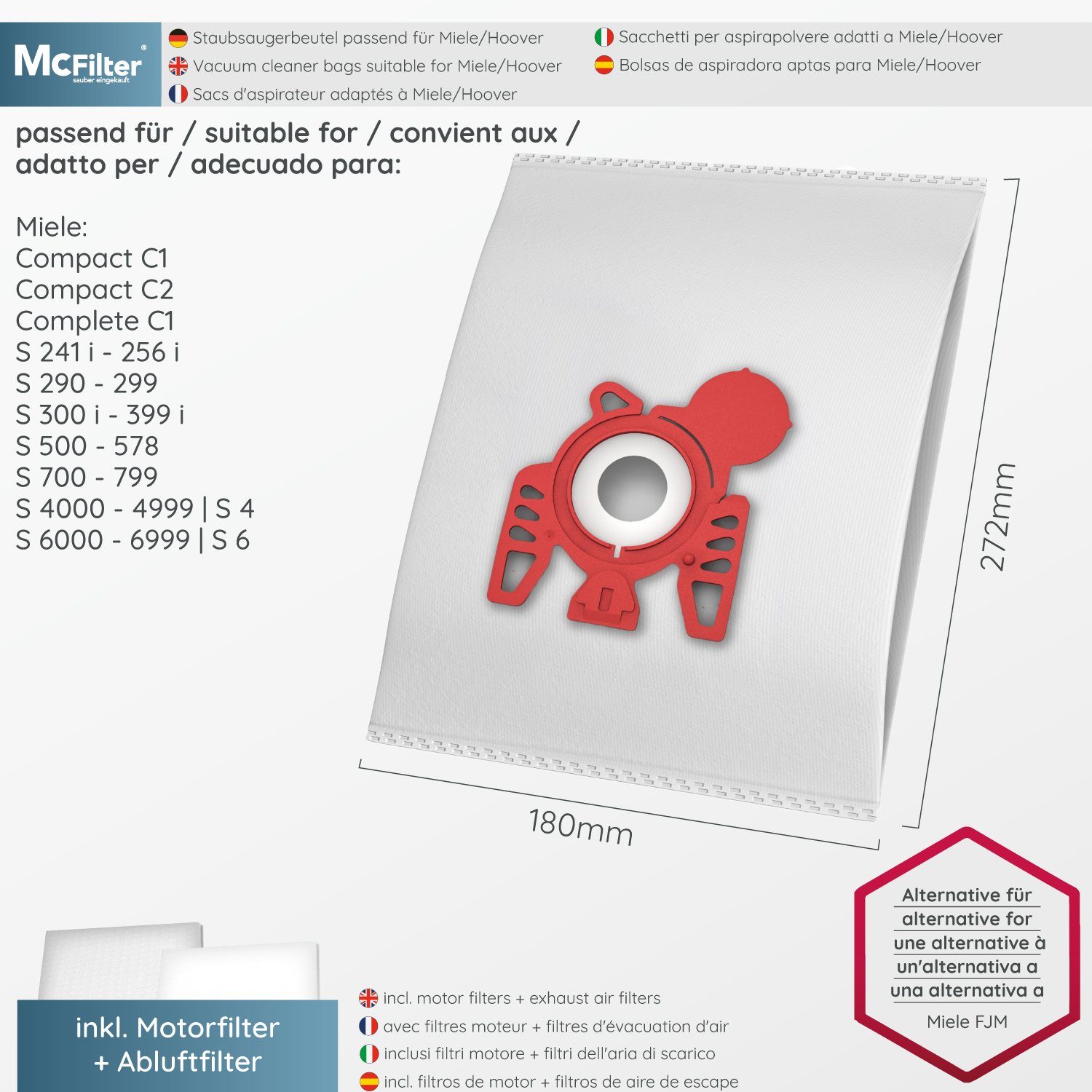 Filtration, für Alternative Top 20 Microvlies hohe Kunststoffdeckscheibe, inkl. zu M Reißfestigkeit, M50 Miele 50, Swirl passend Filter, 5-lagiges McFilter Staubsaugerbeutel St., Staubsauger,