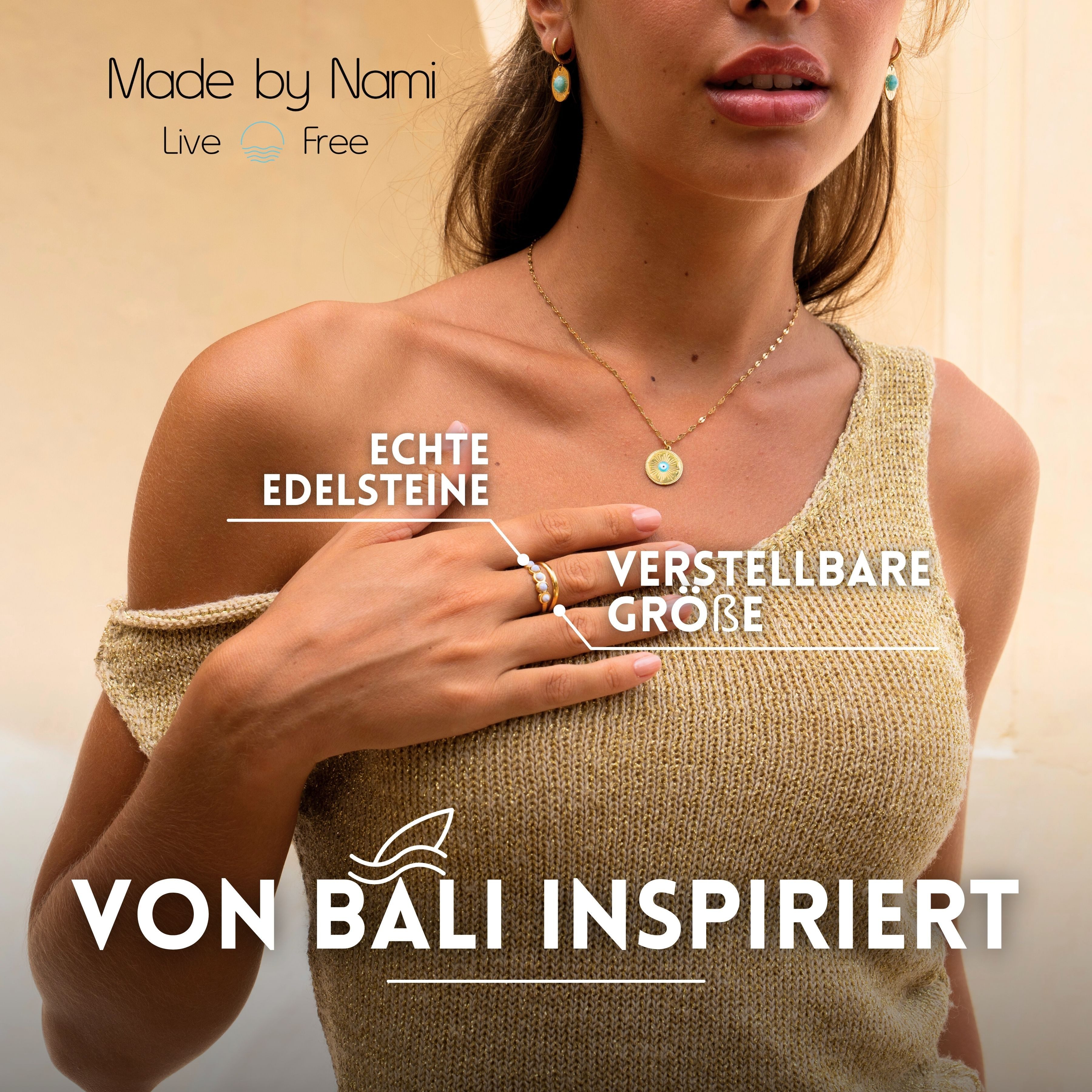 Made by Nami Fingerring Damen Gold aus Chirurgischem Edelstahl Edelstein Doppel-Weiß-Design, Verstellbar Boho Schmuck Wasserfester Schmuck Festival Accessoires