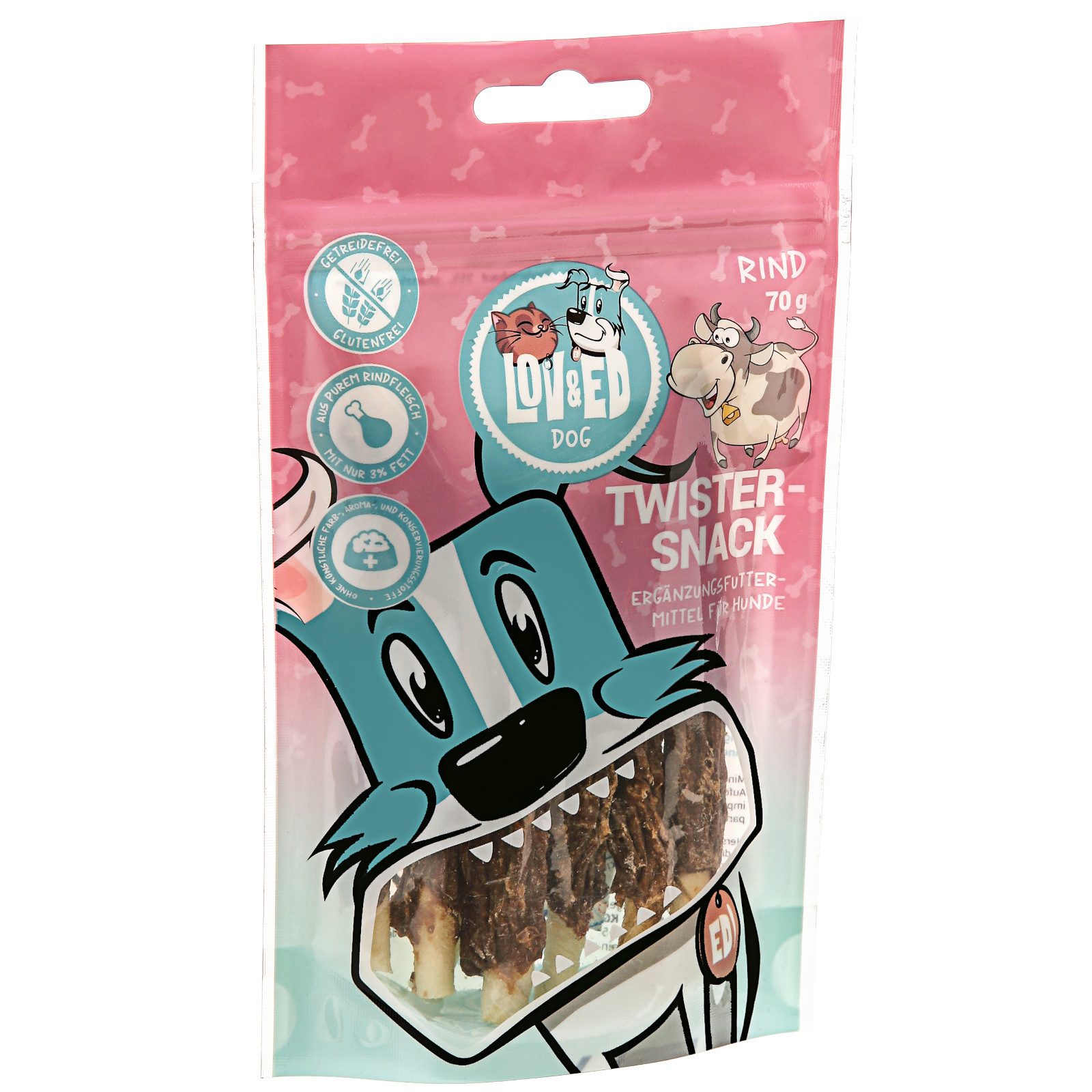 Lov&Ed Twister-Snack Rind, 70g, Kau-Leckerli für Hunde, Ergänzungsfuttermittel für: Hund