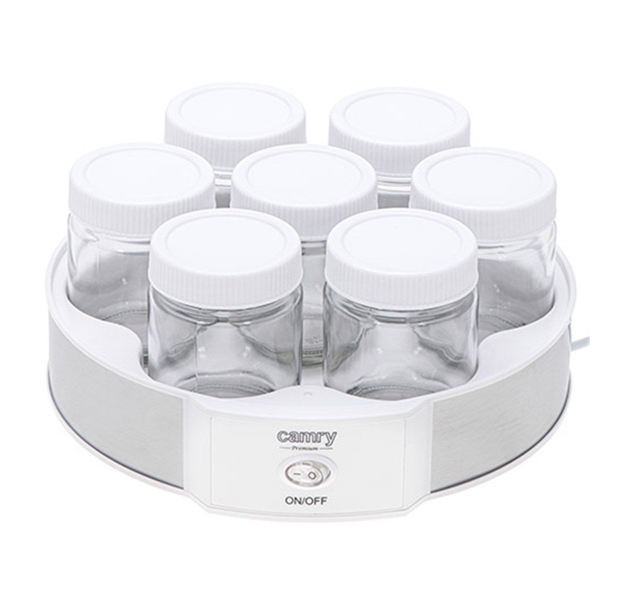 Camry Joghurtbereiter CR 4519 - 7 Glasgefäße mit Schraubdeckel 20 W Weiß/Silber, 7 Portionsbehälter, je 200 ml, Leichte Reinigung der Gläser und Deckel+