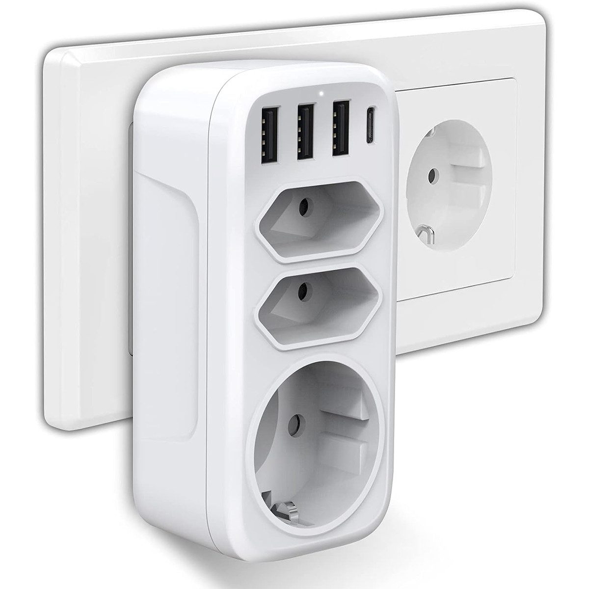 MOPUEA Steckdose Konvertierbarer Stecker, deutscher Standard 56*113mm 7 in 1, 1-St., Tragbare und Geräteorganisation, Diese USB Steckdose enthält 1 USB-C 3A und 3 USB-A Anschlüsse