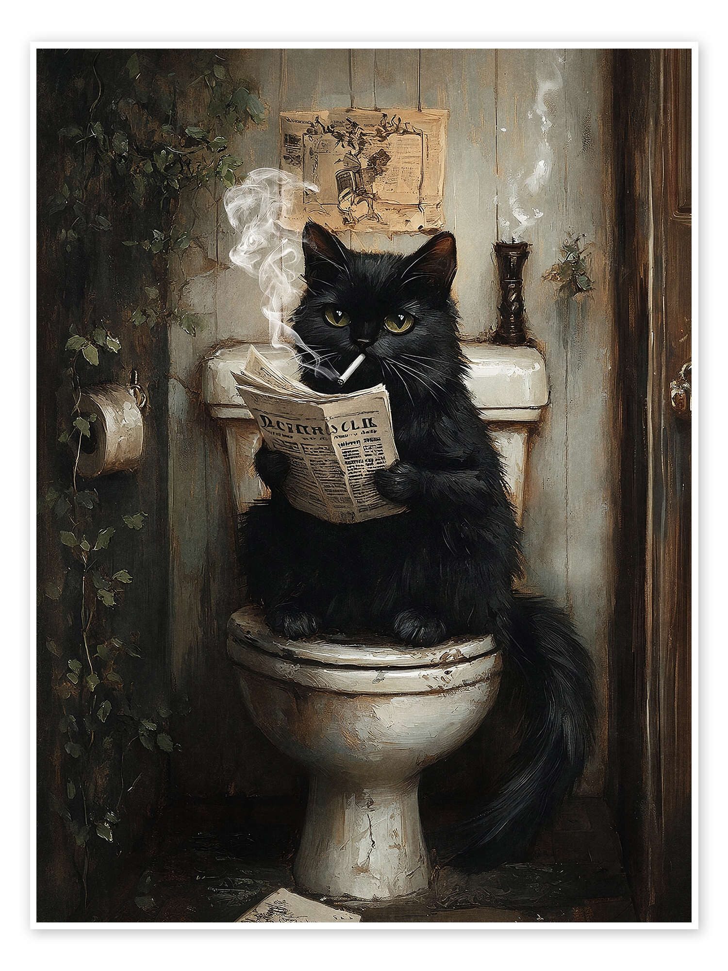 Posterlounge Wandbild Rauchende Katze liest Zeitung auf Toilette, Olga Telnova, erhältlich als Poster, Leinwandbild, Wandsticker oder Acrylglasbild