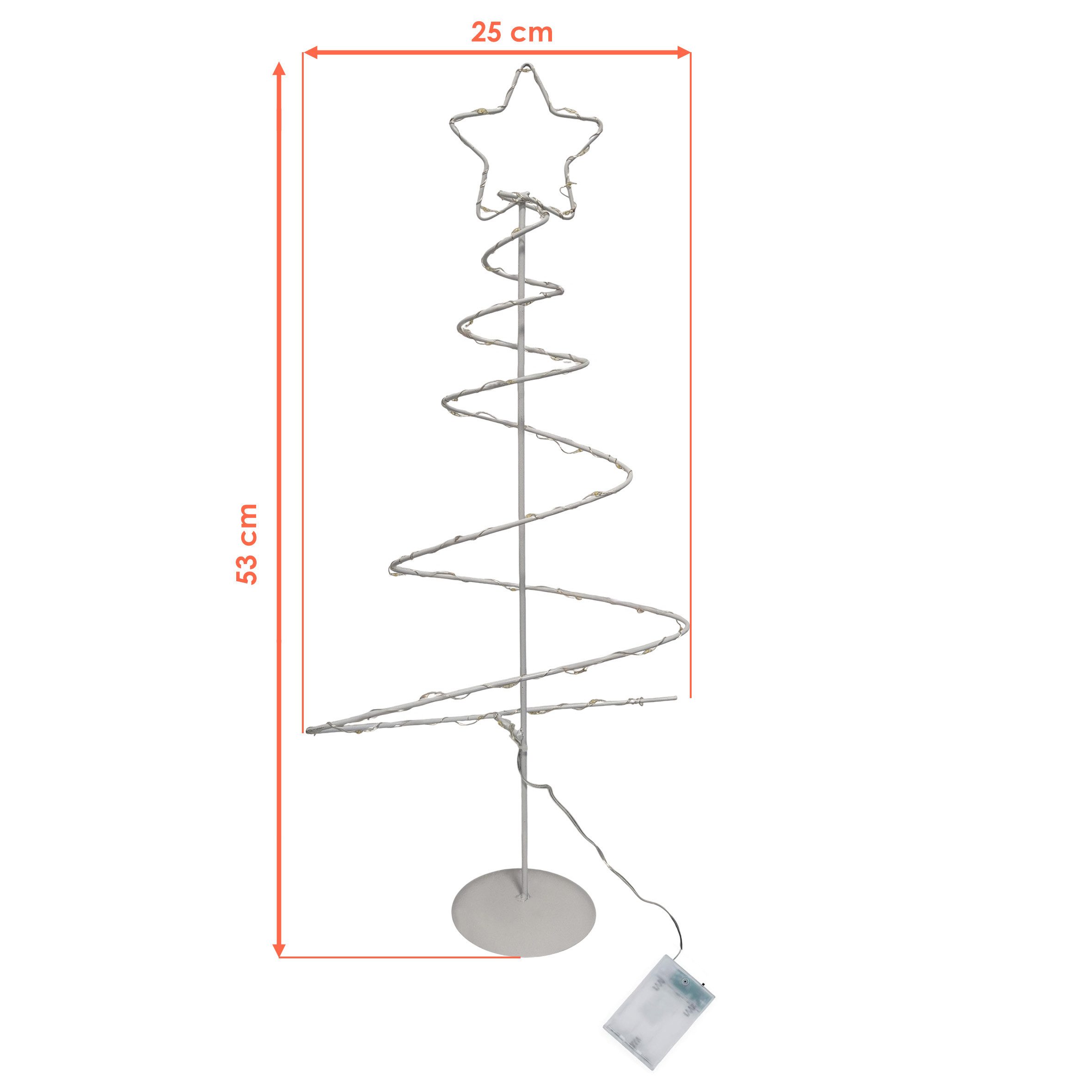 Spetebo LED Baum Spiral Aufsteller 46 LED aus Metall, Timer Funktion (6 Stunden AN / 18 Stunden AUS), LED fest integriert, warm weiß, AN / AUS / Timer Schalter am Batteriefach