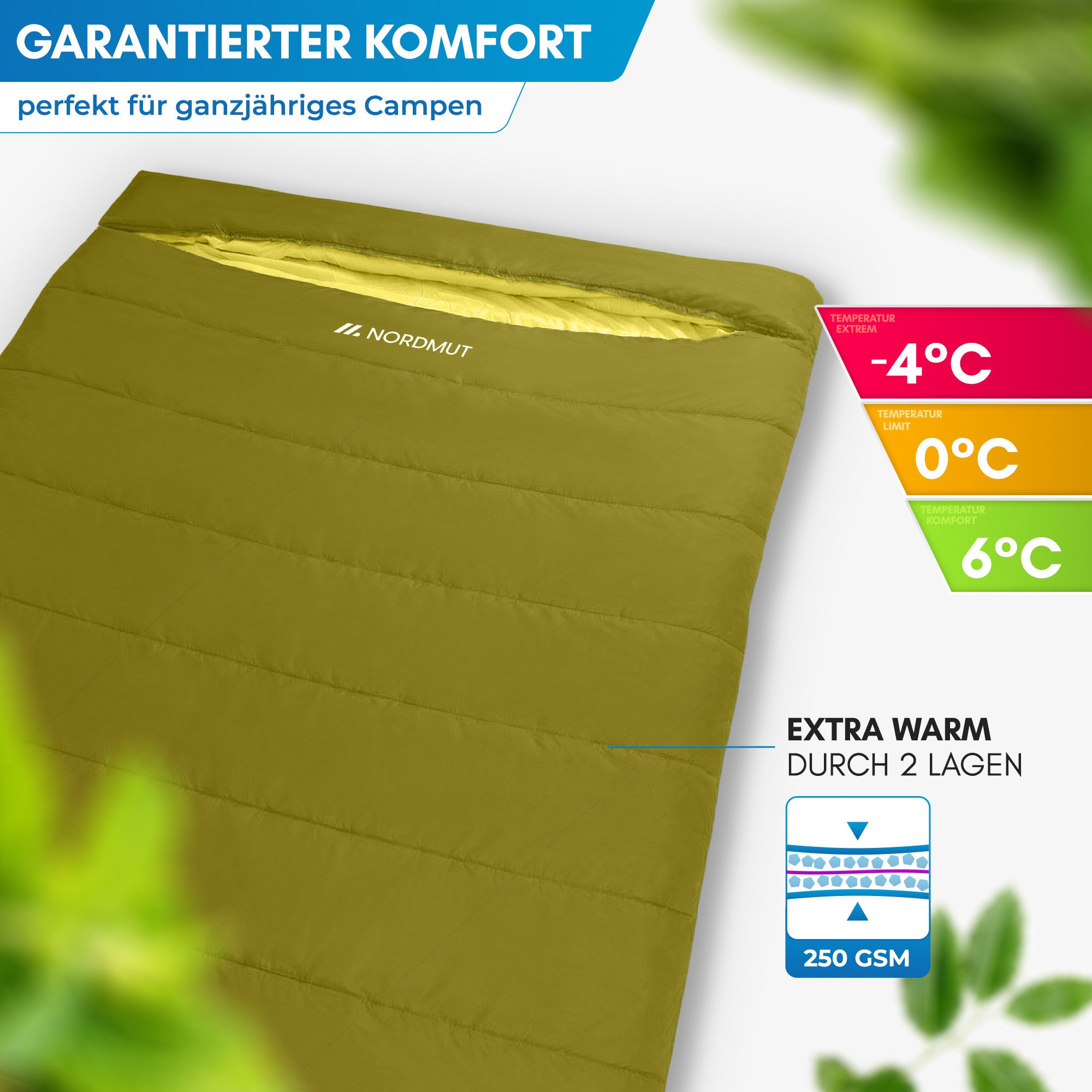 Nordmut Doppelschlafsack Deckenschlafsack XXL 2 Personen Camping Outdoor, warm, koppelbar (Spar-Set, 2 tlg., Nordmut Otra + Kompressionsbeutel), wasserabweisend – Bild 4 von 5