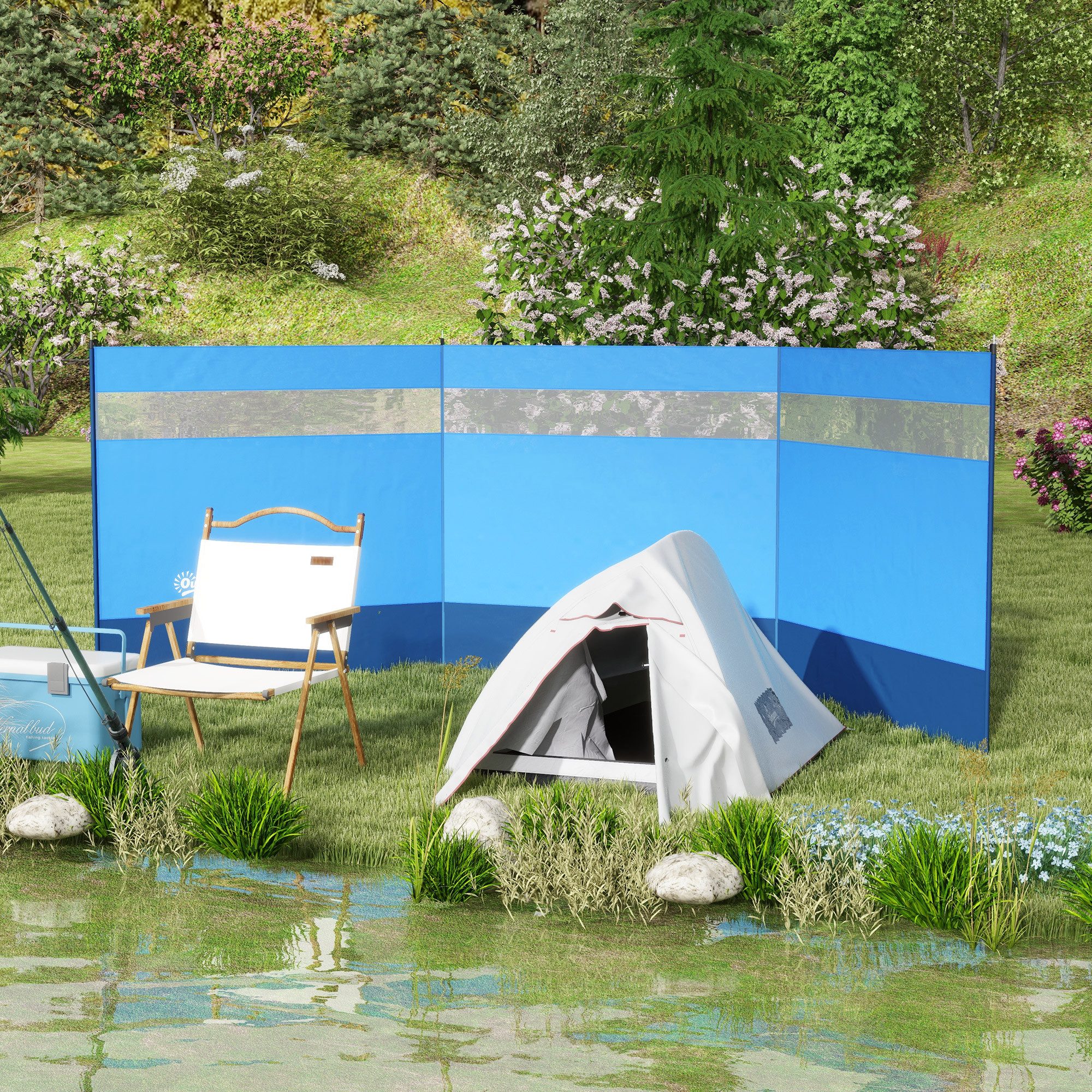 Outsunny Windschutz mit Lichtquellenfenster, Heringen, Seilen, (faltbar Sichtschutz, 3 tlg., Sonnenschutz), für Camping Garten, Strand, Terrasse 440 x 140 cm Blau