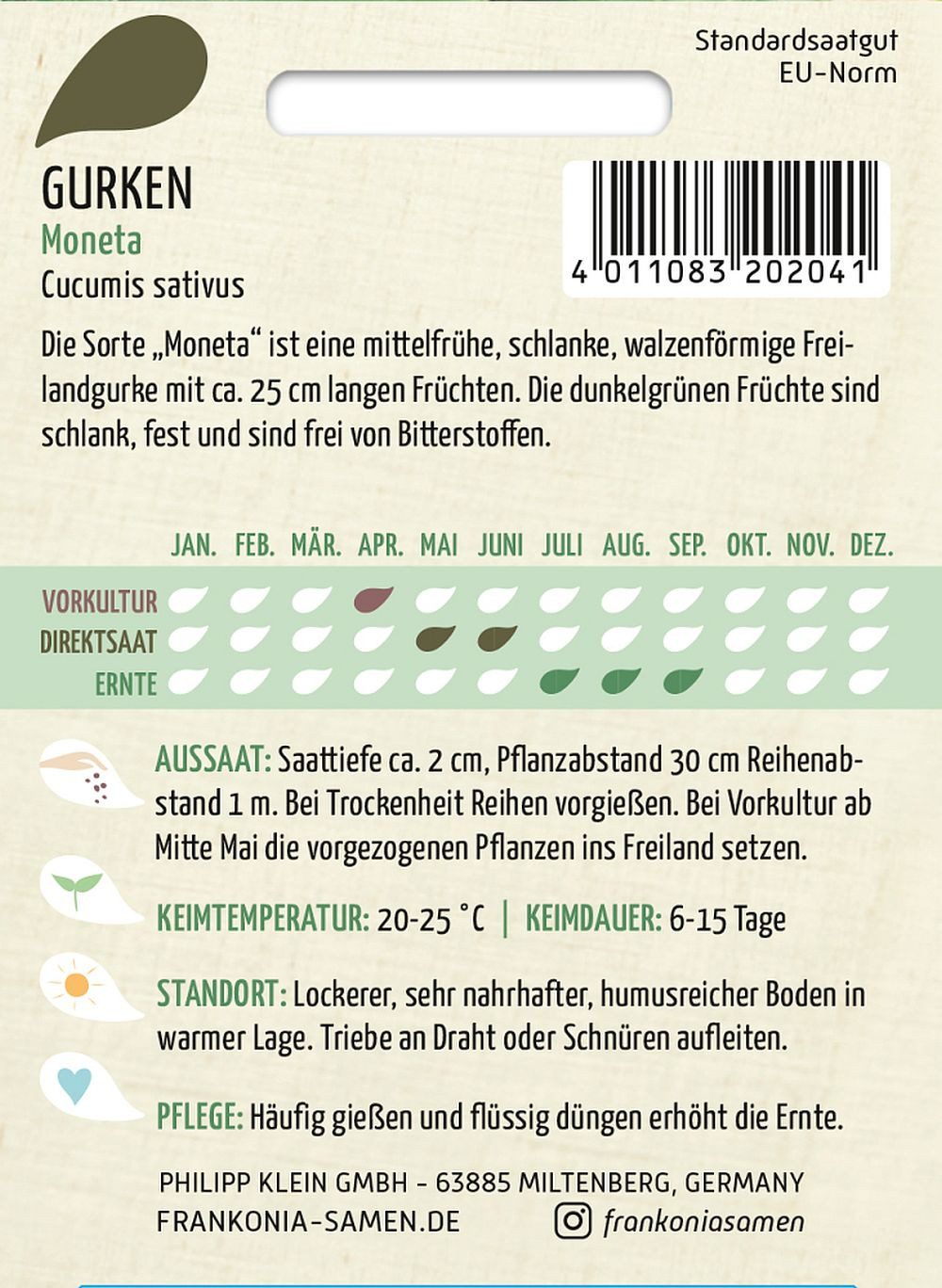 FRANKONIA Gemüsesamen Salatgurke, Moneta - Gurken-Samen Saatgut Samen, Cucumis sativus – Bild 2 von 2