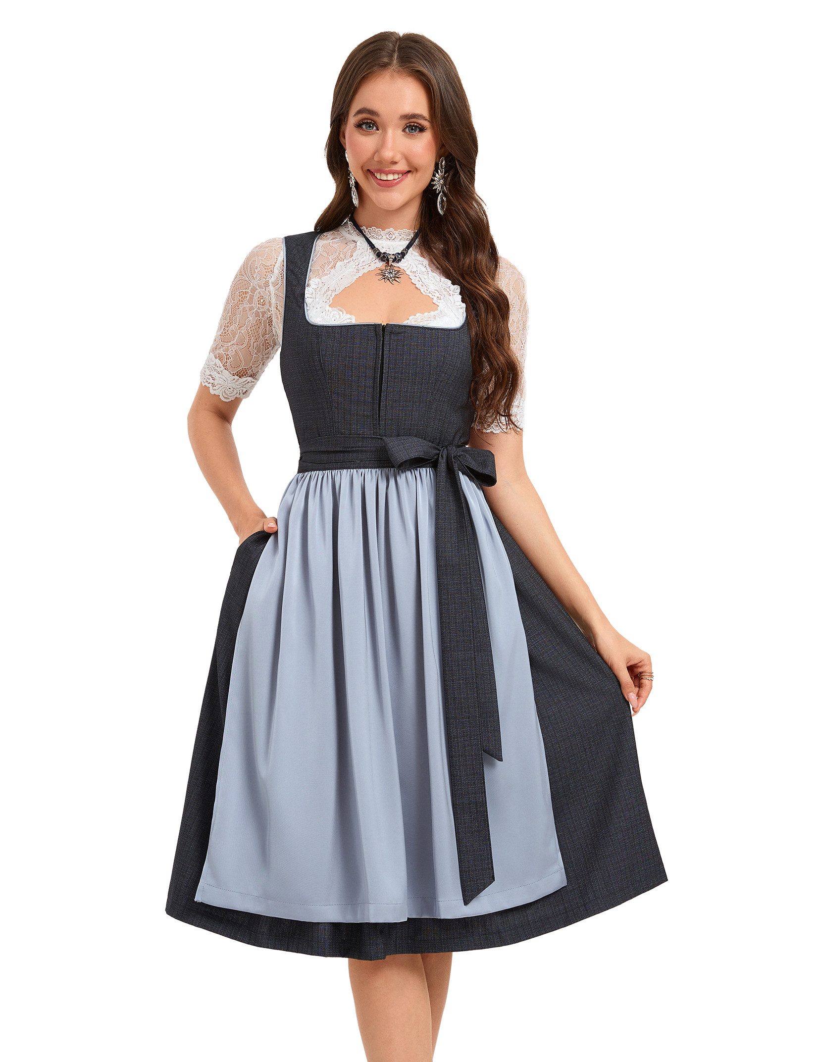 MODISFRAU Dirndl Exklusives Trachtenkleid Jacquard Set (Set, 3er-Pack)