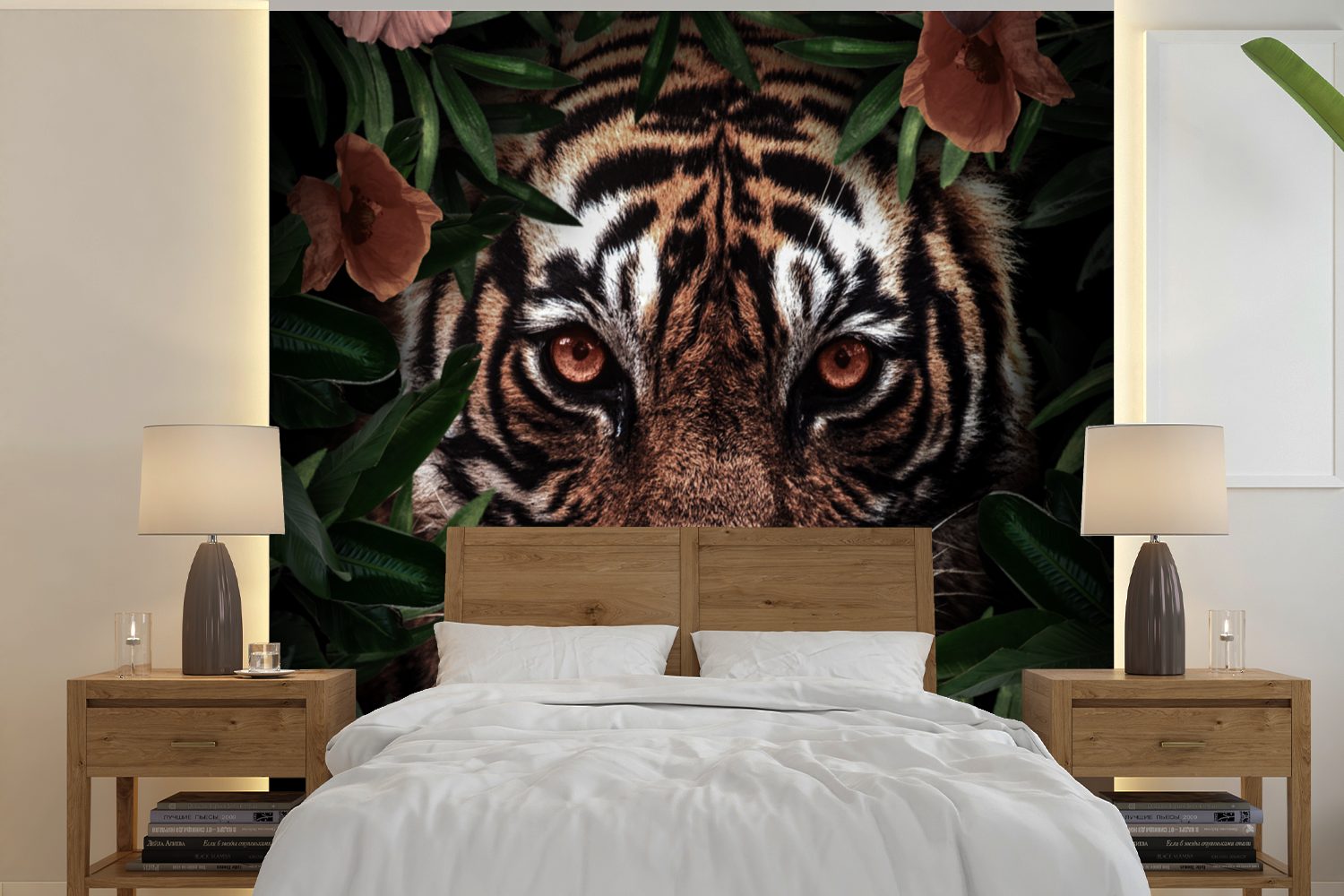 MuchoWow Fototapete Tiger - Dschungel - Blumen, Matt, bedruckt, (5 St), Vinyl Tapete für Wohnzimmer oder Schlafzimmer, Wandtapete