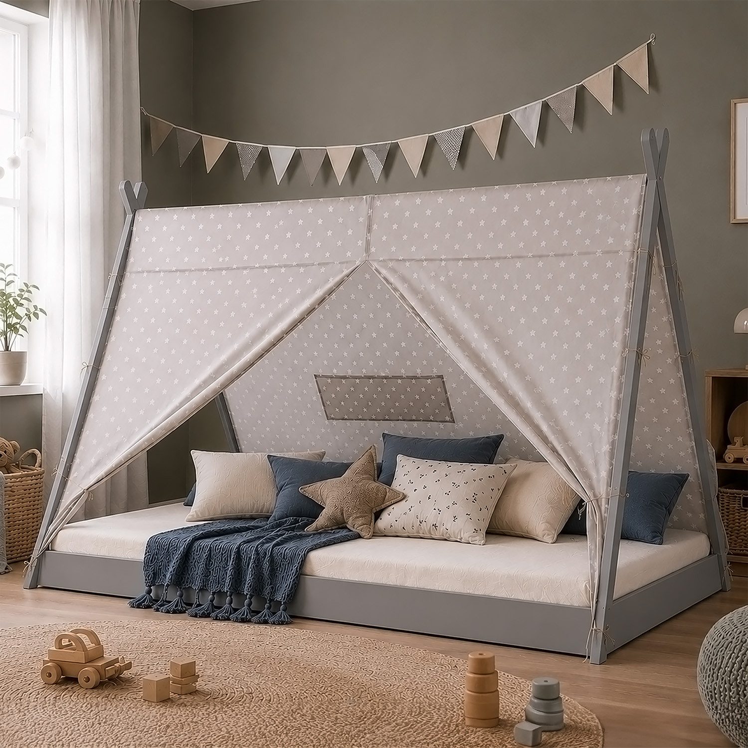 Homestyle4u Kinderbett 90x200 Hausbett mit niedrigem Dach mit Schubladen Zelt Junge Mädchen (Set, mit Lattenrost), Kinderbett