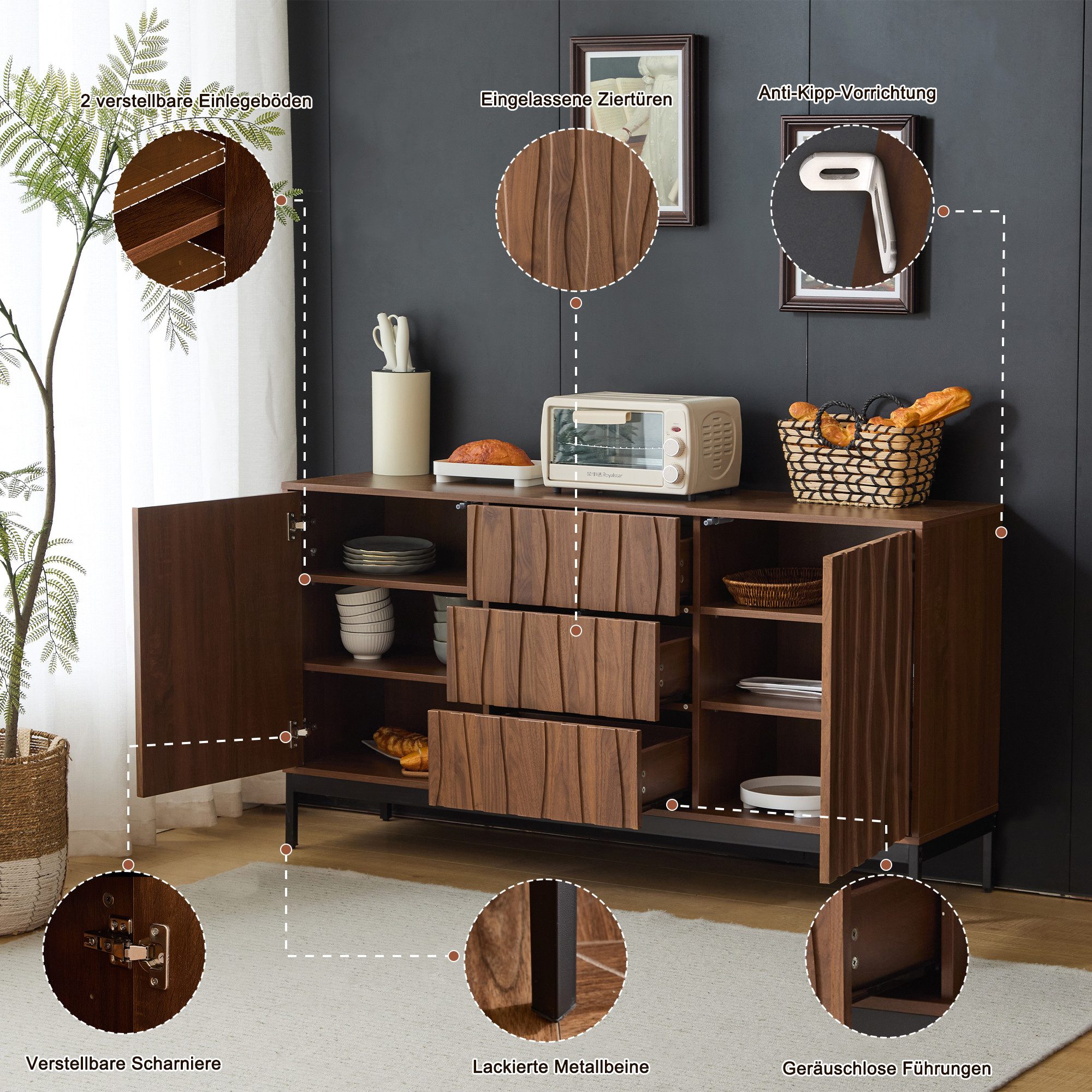 Ulife Sideboard Dunkelbraun mit welligem 3D-Design, 2 Türen, 3 Schubladen (1 St), für Wohnzimmer, Esszimmer, Büro,150x40x80cm – Bild 5 von 5