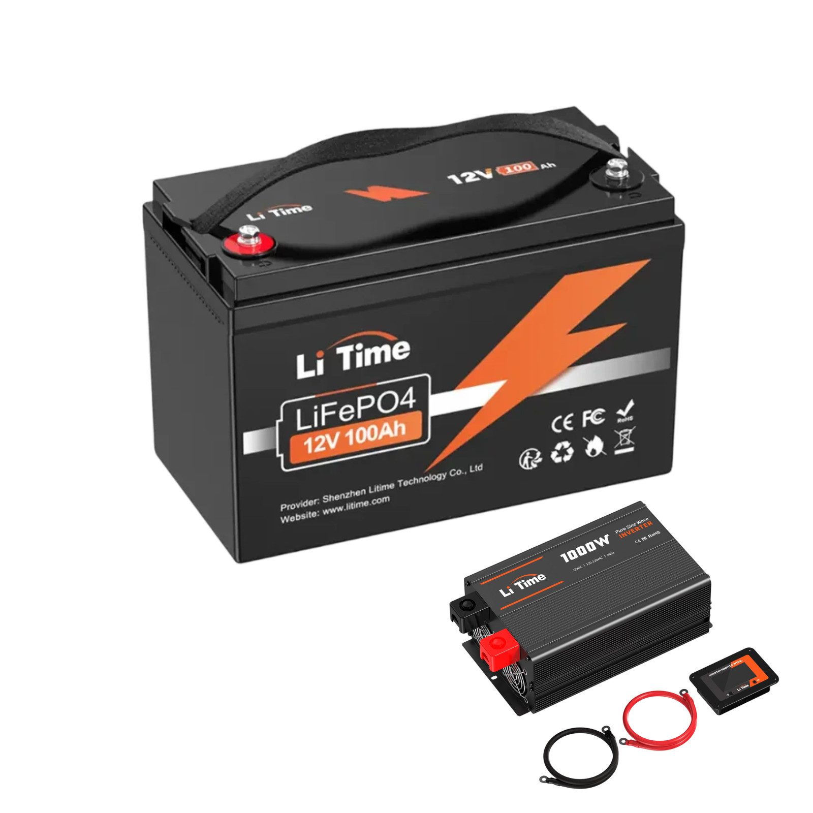 LiTime 12V 100Ah LiFePO4 Batterie mit Wechselrichter 12V auf 230V Akku-Set (12 V)