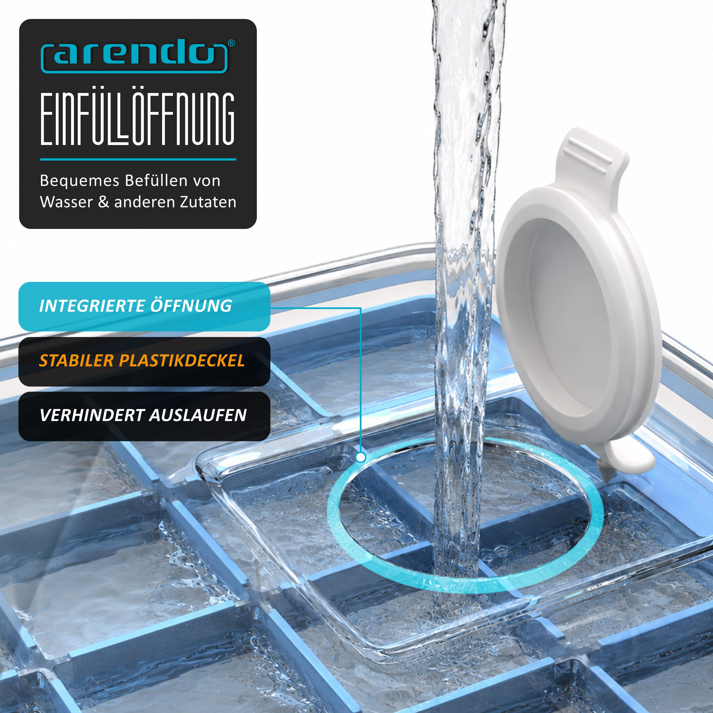 Arendo Eiswürfelform Silikon 230ml, 24 Eiswürfel, spülmaschinengeeignet, stapelbar, (1-tlg), quadratisch, 24 Fächer, Deckel mit Einfüllöffnung, BPA-frei