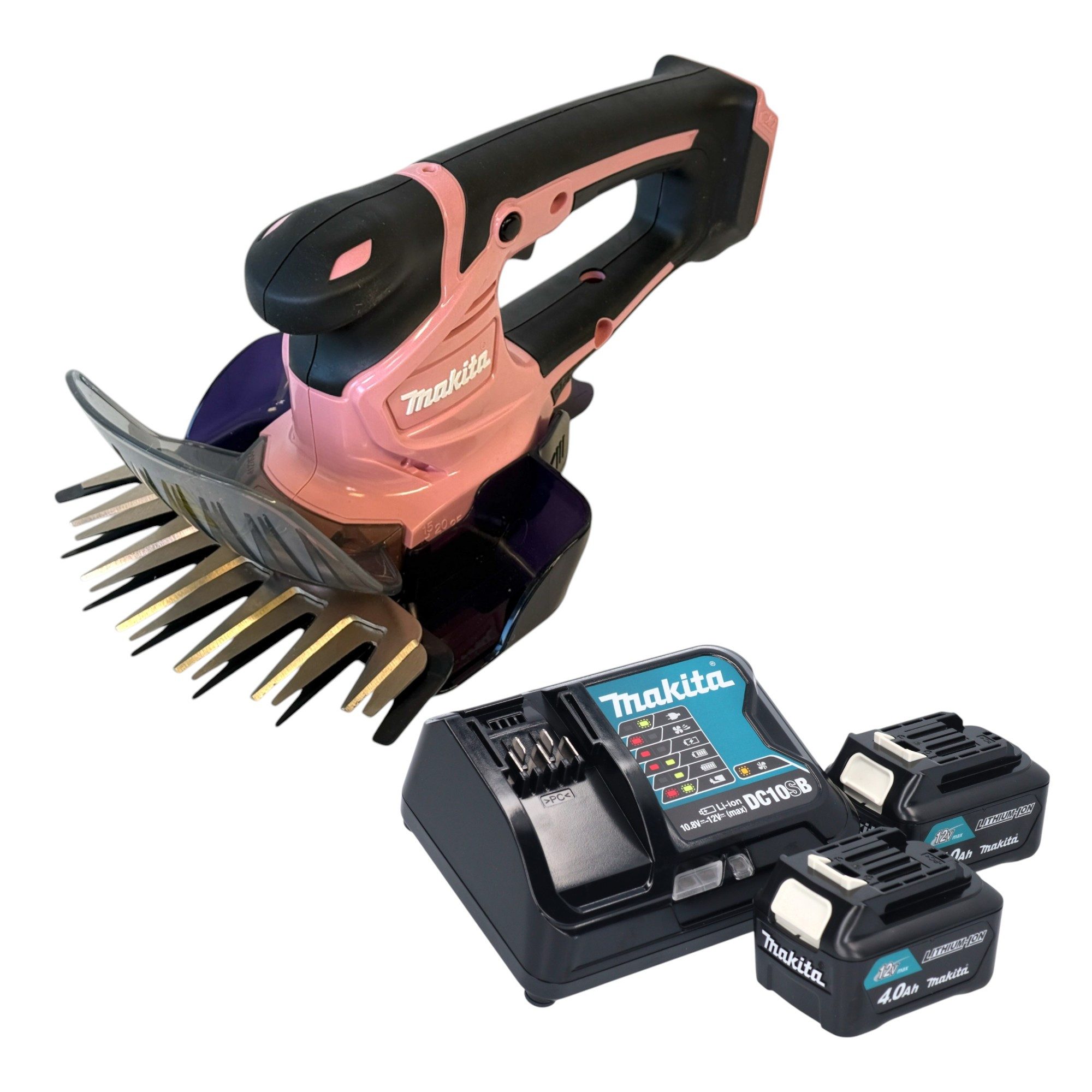 Makita Akku-Grasschere UM 600 DSM2P 12 V max 160 mm Pink + 2x Akku 4,0 Ah + Ladegerät