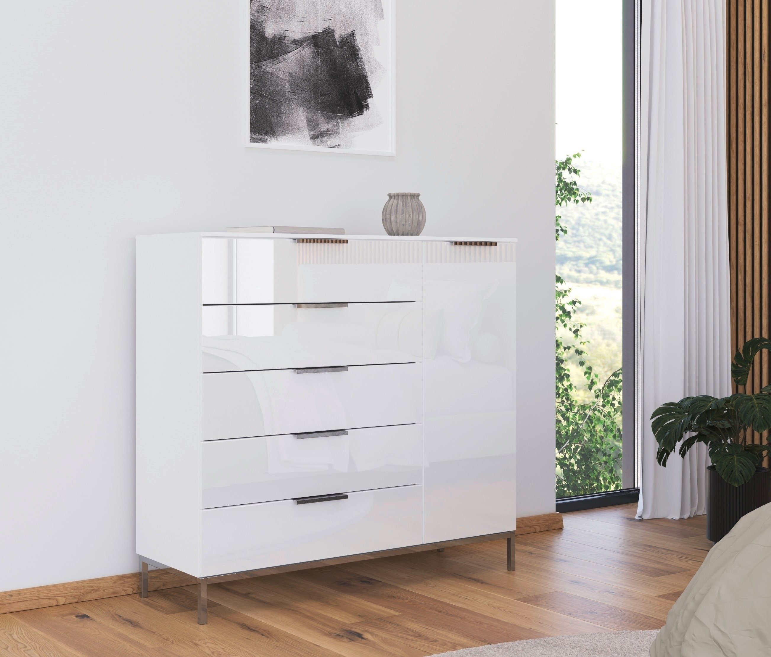rauch Kombikommode Kommode Türkommode Sideboard Kombikommode FLIPP mit Glasfront (Breite 120 cm mit 2 Einlegeböden), 1-türig mit 5 Schubladen und Soft-Close-Funktion sowie Glasfront