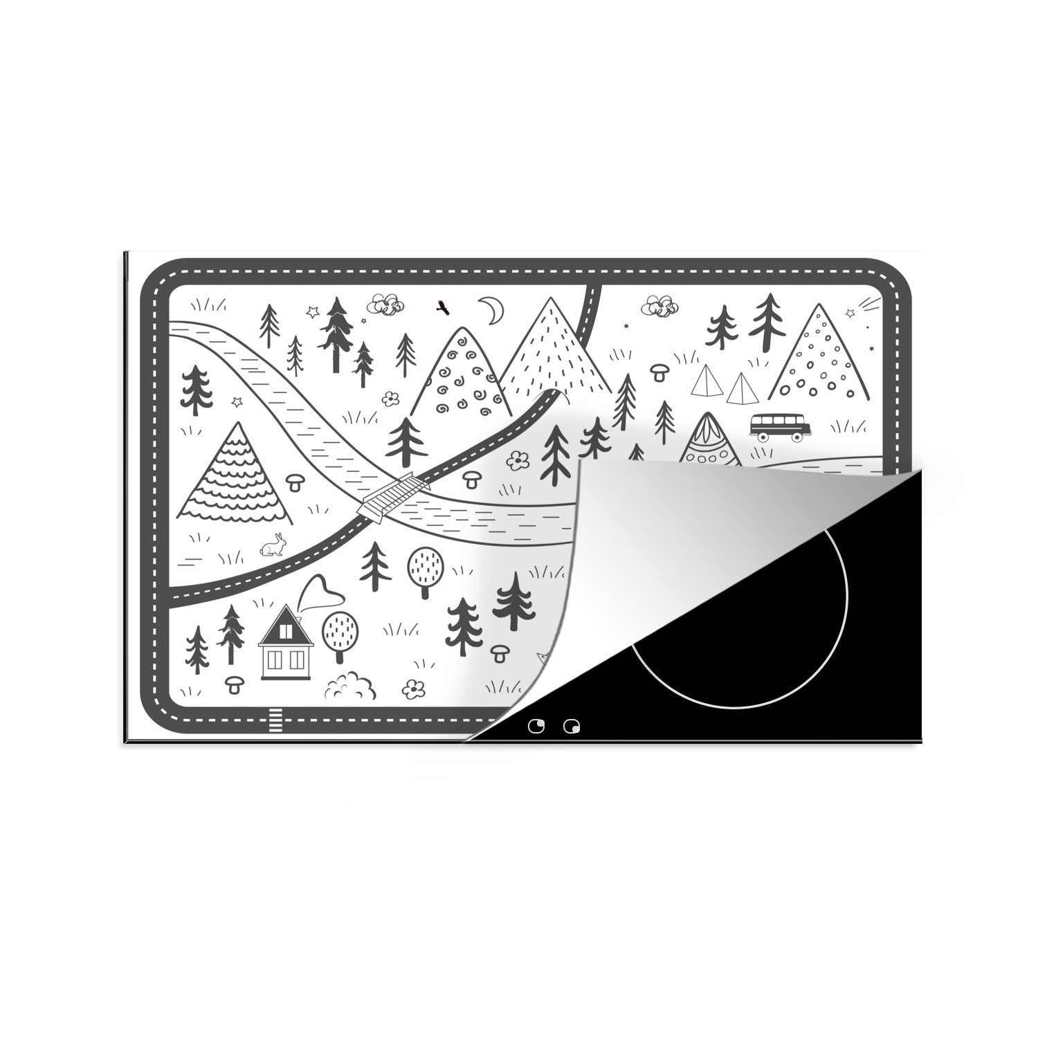 MuchoWow 81x52 Ceranfeldabdeckung küche, Vinyl, - die (1 cm, Herdblende-/Abdeckplatte Induktionskochfeld Schutz Zeichnung Illustration, tlg), Kinder Berge - für -