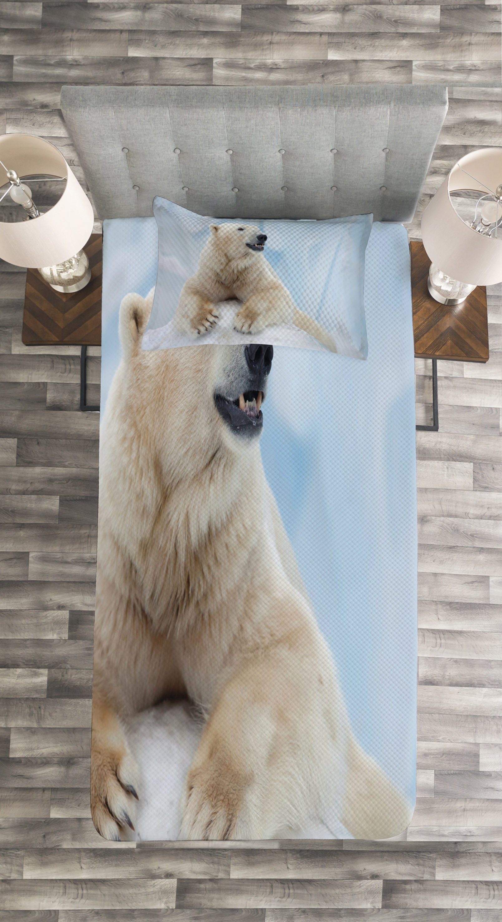 auf Eis Tagesdecke Weiß mit Set Kissenbezügen Eisbär Waschbar, Abakuhaus, Zoo