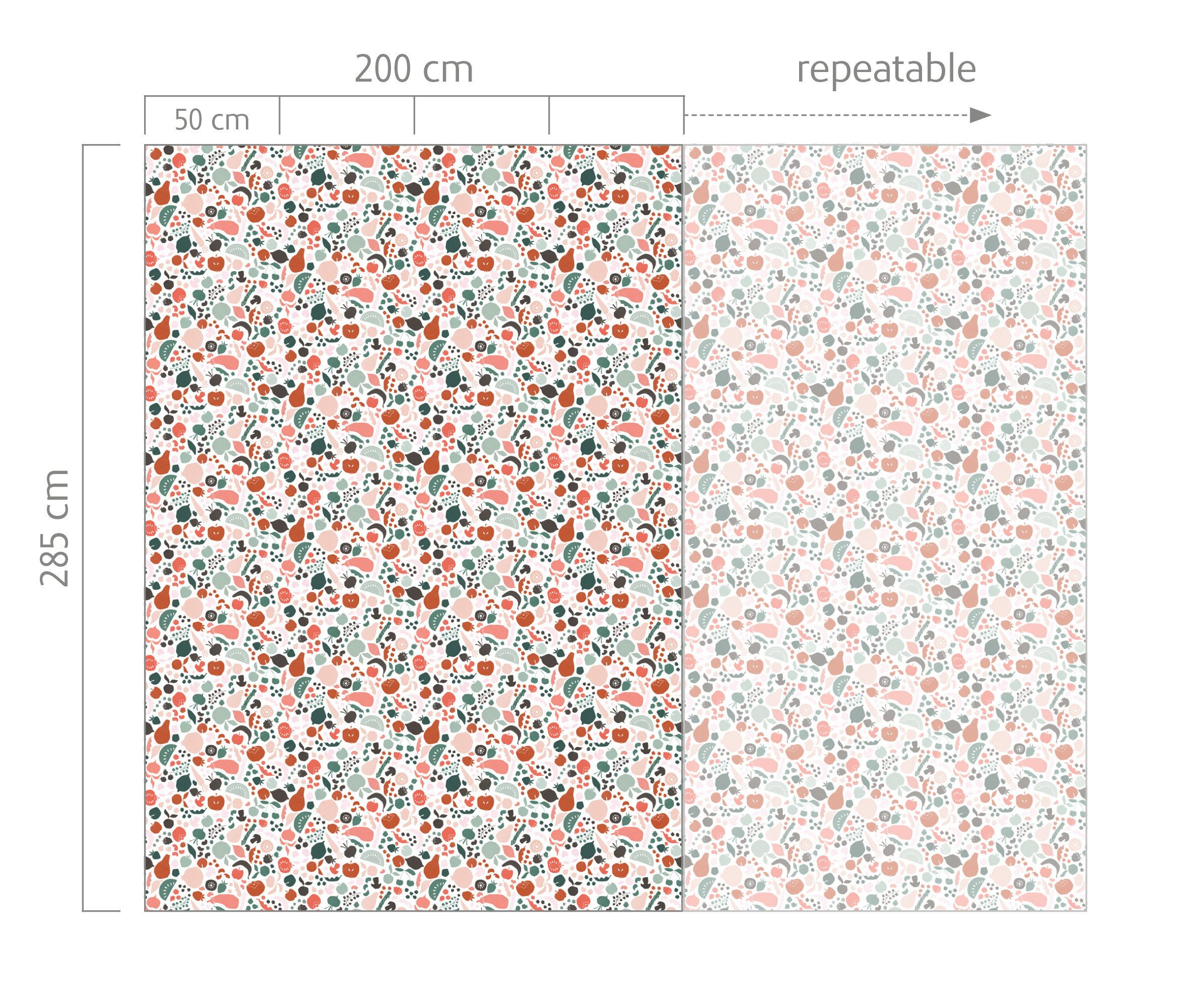 Rasch Fototapete Kleine Früchte in grün und rot - Roomblush Fruit RB402 - 2,85m x 2,00, glatt, abstrakt, stilisiert, (1 St), Große Fruchvielfalt in kleinen Zeichnungen
