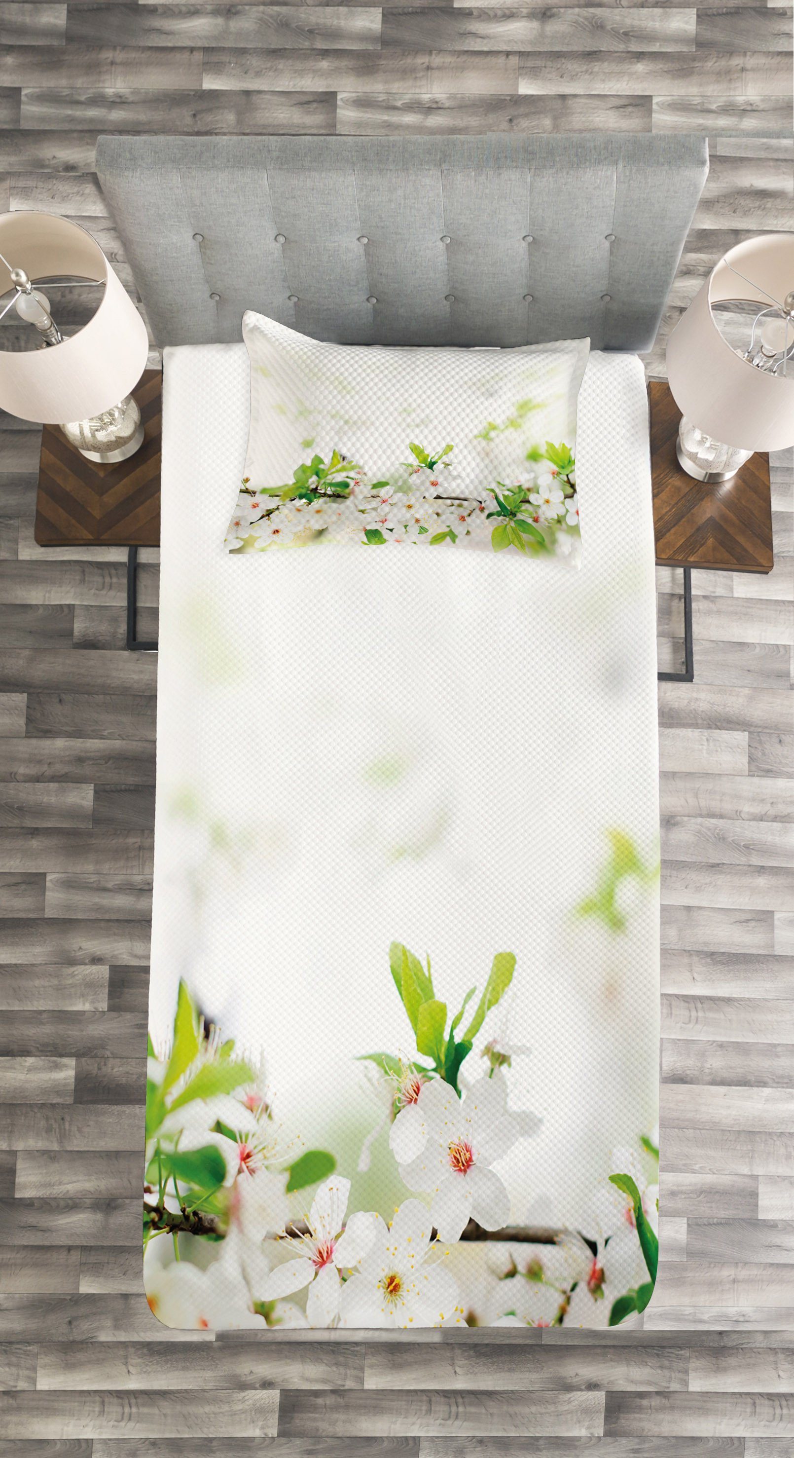 Tagesdecke Blume Kissenbezügen Frühlings-Blüten Abakuhaus, Waschbar, Set Weiß mit