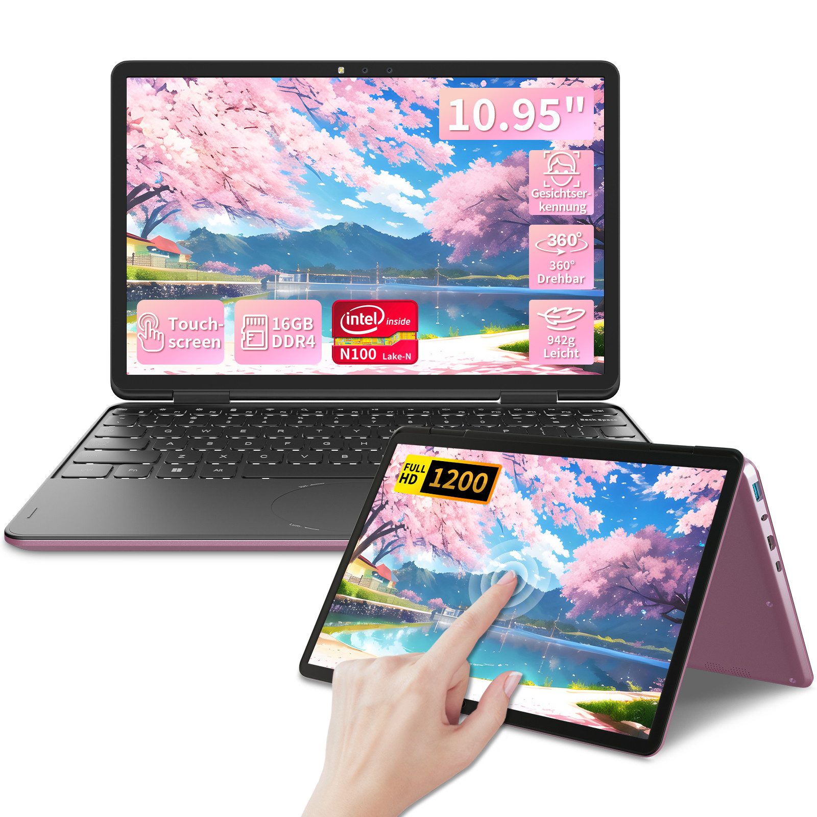 LONGEVINCE 2-in-1 Touchscreen Laptop 10,95", 16GB RAM Notebook (27,81 cm/10,95 Zoll, Intel, Intel UHD Graphics, 16 GB, 256 GB SSD, 360° Convertible, Intel N100, Windows 11 Pro, 4000mAh Akku)