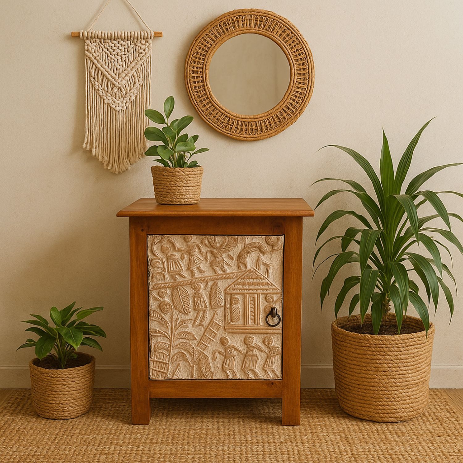 Marrakesch Orient & Mediterran Interior Nachttisch Nachttisch Faten 60cm, Massivholz mit geschnitzter Tür im Boho-Stil (1-St), Handarbeit