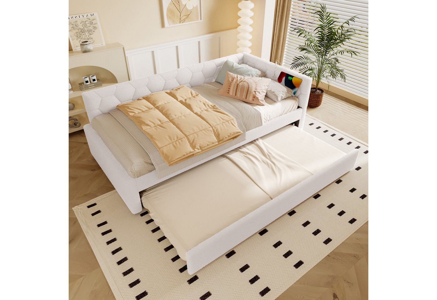 Flieks Daybett, Polsterbett Kinderbett 90x200cm mit Ausziehbett 90x190cm, USB & Typ-C