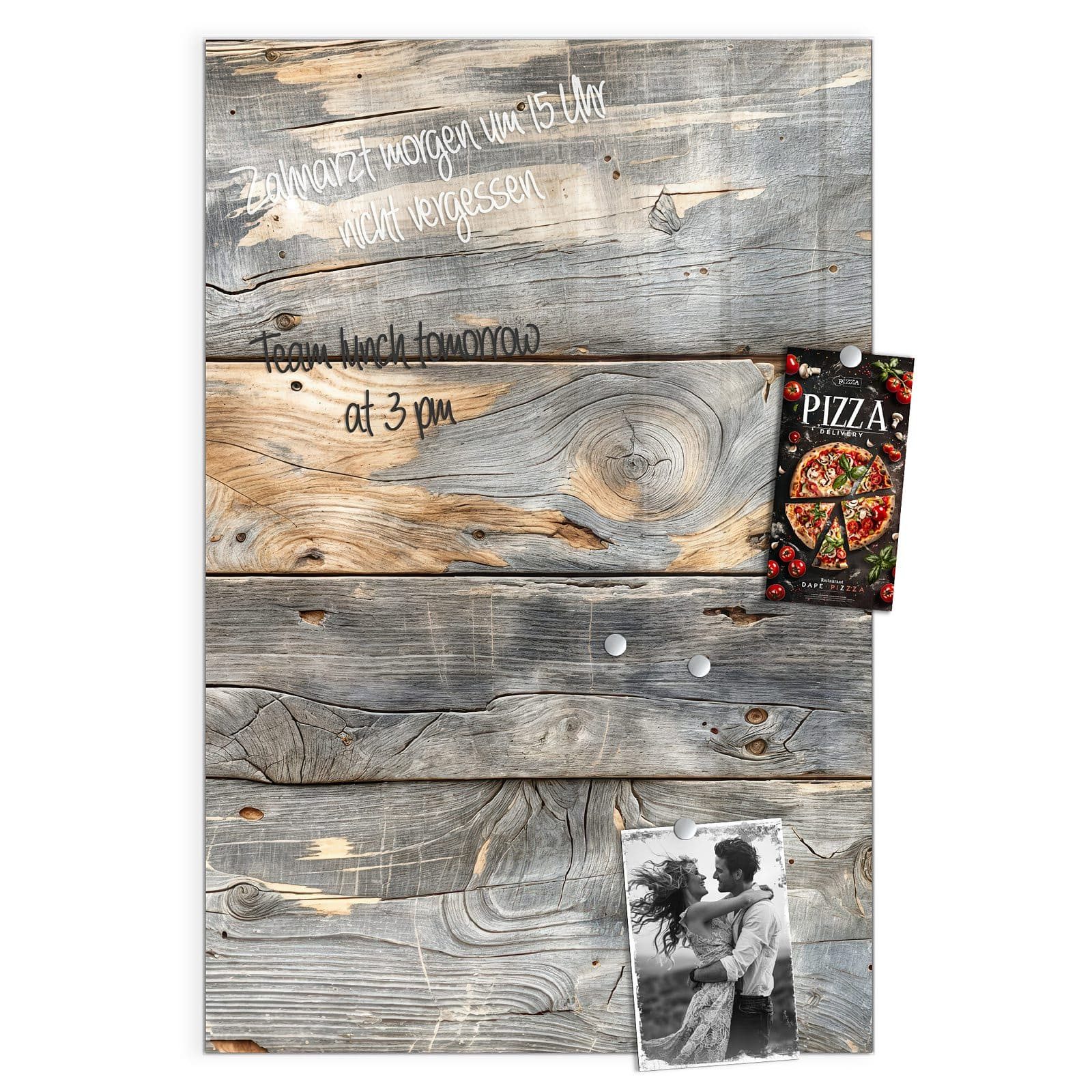 Primedeco Magnettafel Glas Vintage Holzplanken Pinnwand Whiteboard beschreibbar, (Inklusive Stift, Magnete und Montagematerial, 1-tlg., 9 verschiedene Größen), Magnetisch und Beschreibbar