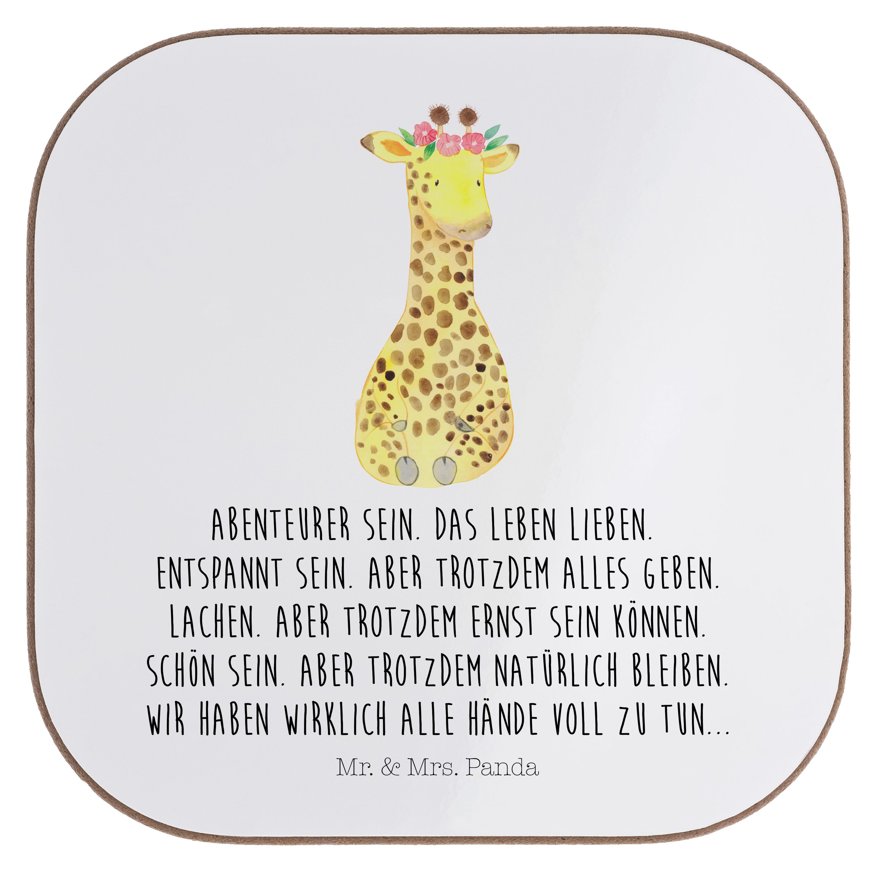 Mr. & Mrs. Panda Getränkeuntersetzer Giraffe Blumenkranz - Weiß - Geschenk, Untersetzer Gläser, Glasunters, 1-tlg.