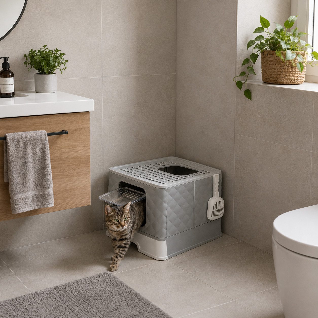 belviona Katzentoilette, auslaufsicher & hygienisch, mit Schublade & Streufanggitter, Faltbares Katzenklo, hellgrau